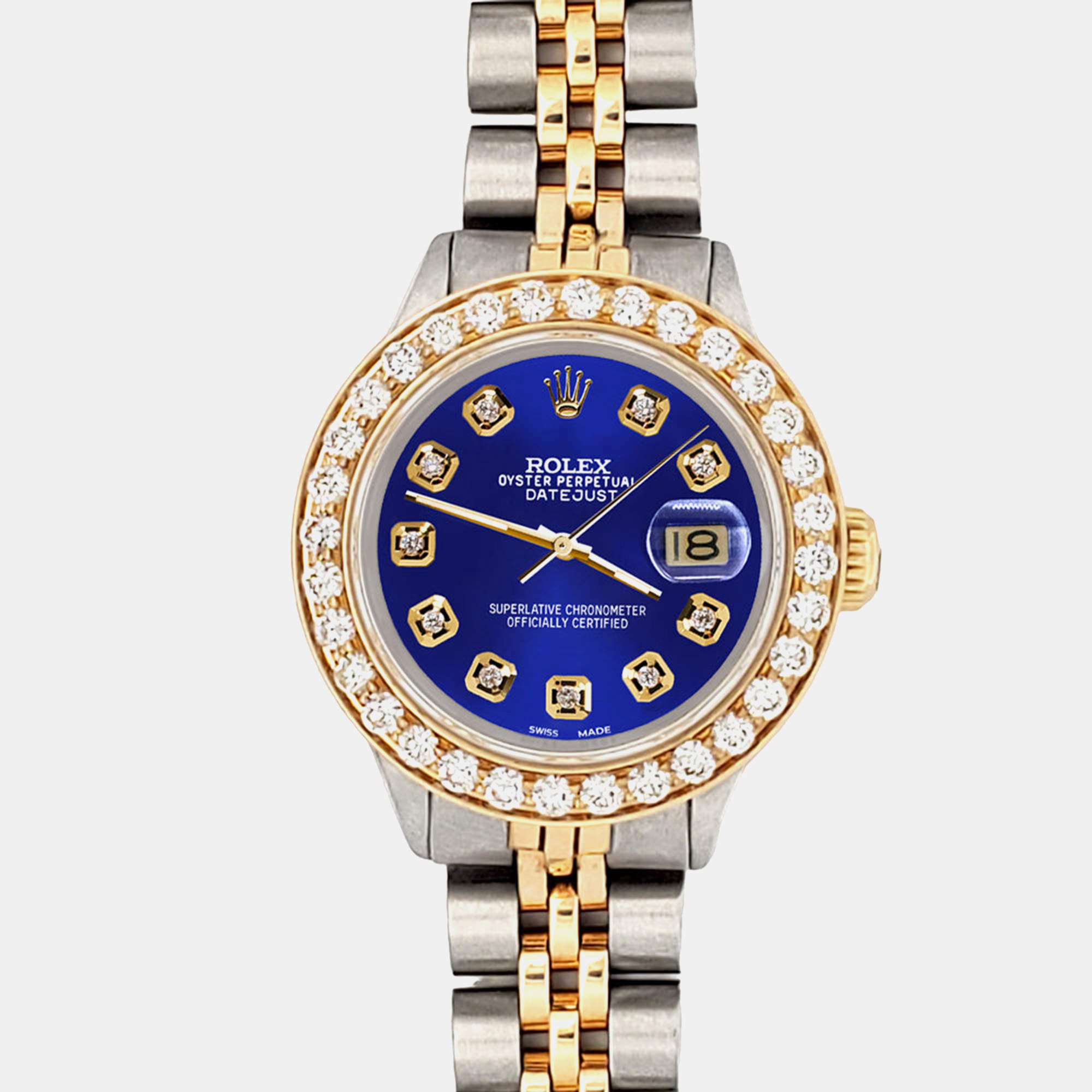 Rolex Custom Navy Blue  1.3ct Diamonds 18K Yellow Gold Stainless Steel Datejust  Automatic Women's Wristwatch 26mm