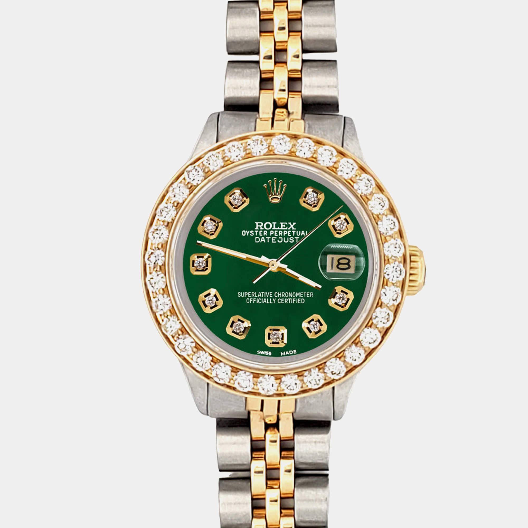 Pre Owned Rolex Custom Forest Green 1.3ct Diamonds 18K Yellow Gold Stainless Steel Datejust Automatic Women's Wristwatch 26mm
