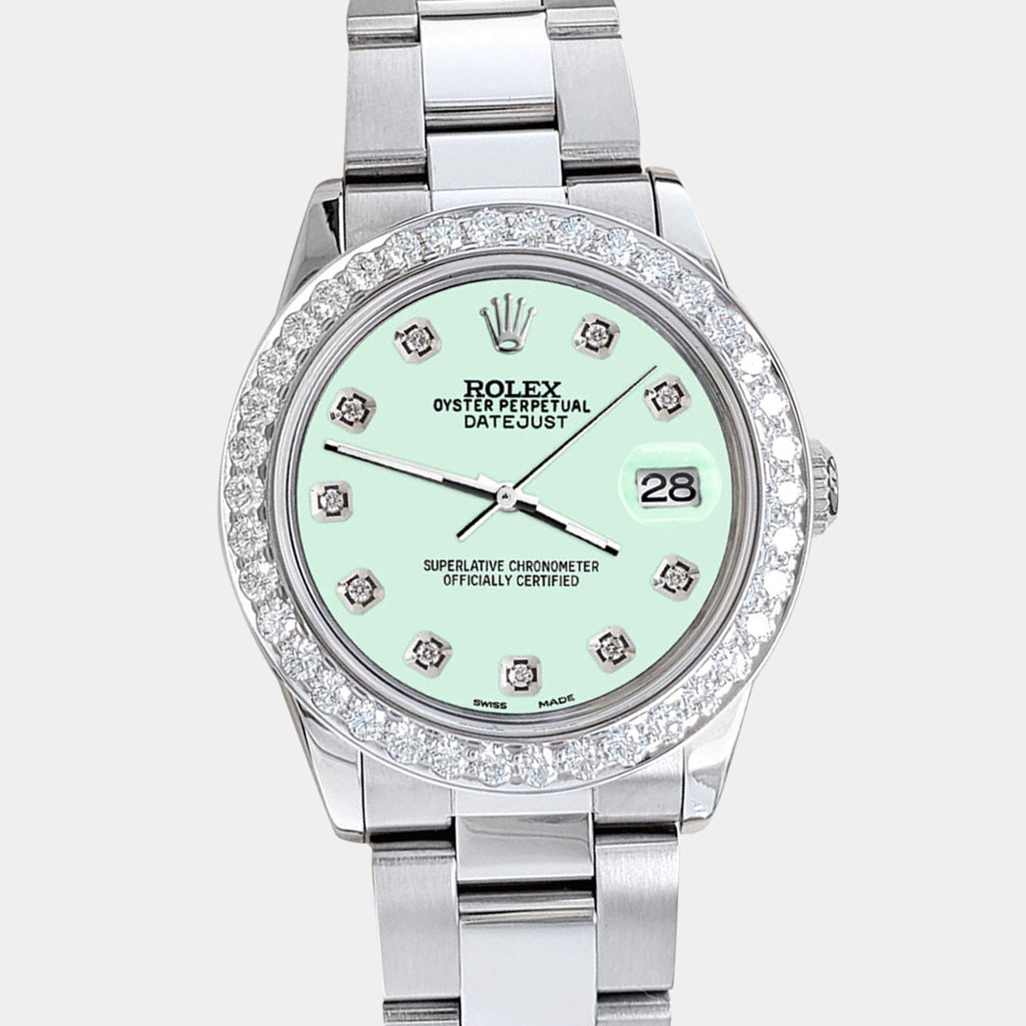 Rolex Custom Light Malachite 1.62ct Diamonds Stainless Steel Datejust  Automatic Women's Wristwatch 31mm