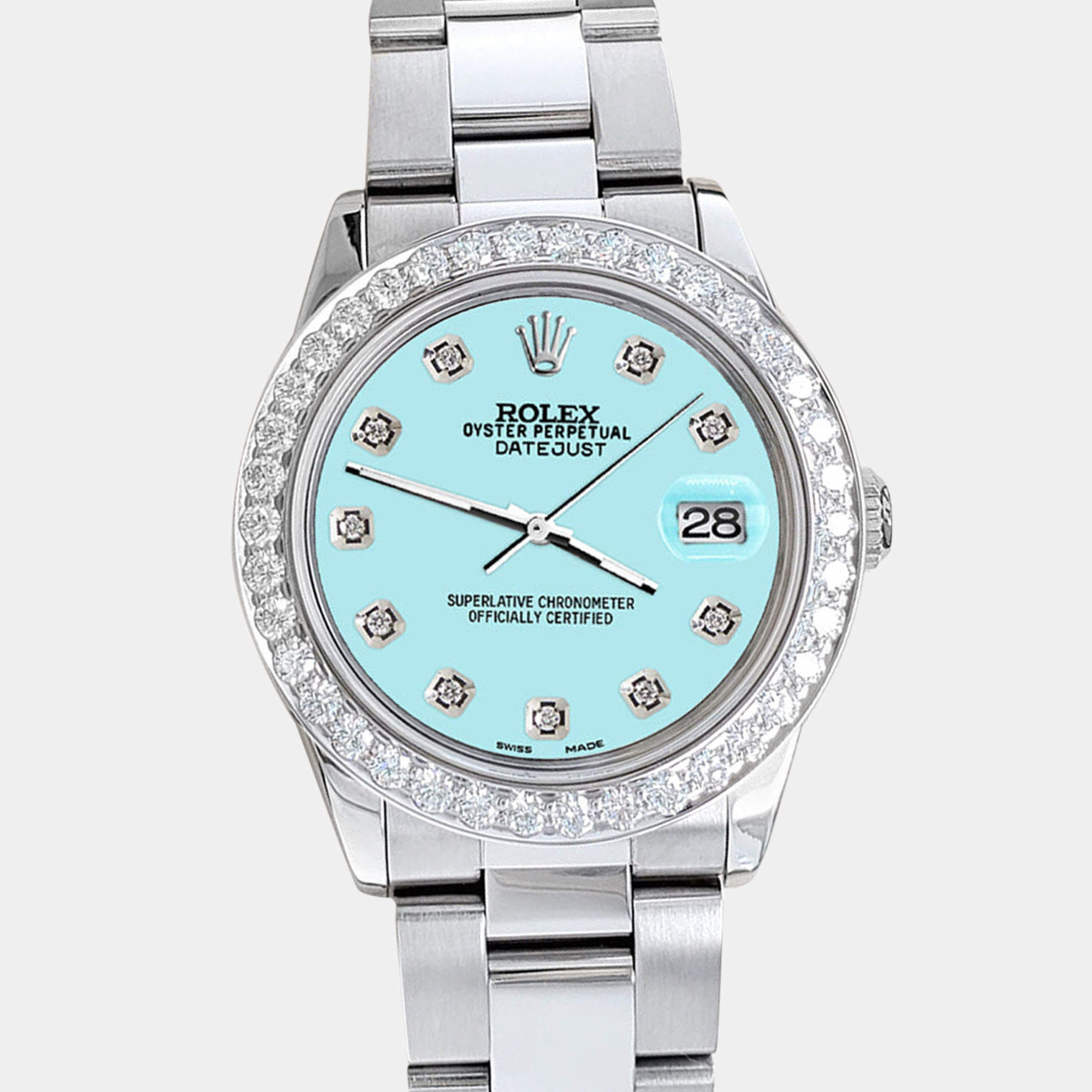Rolex Custom Aqua Blue 1.62ct Diamonds Stainless Steel Datejust  Automatic Women's Wristwatch 31mm
