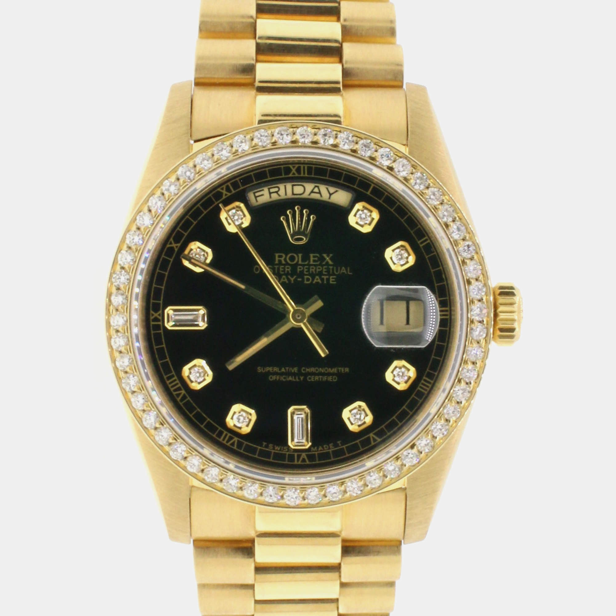 Rolex diamond bezel black diamond dialyellow gold double quickset president day date 18238 Wristwatch 36mm