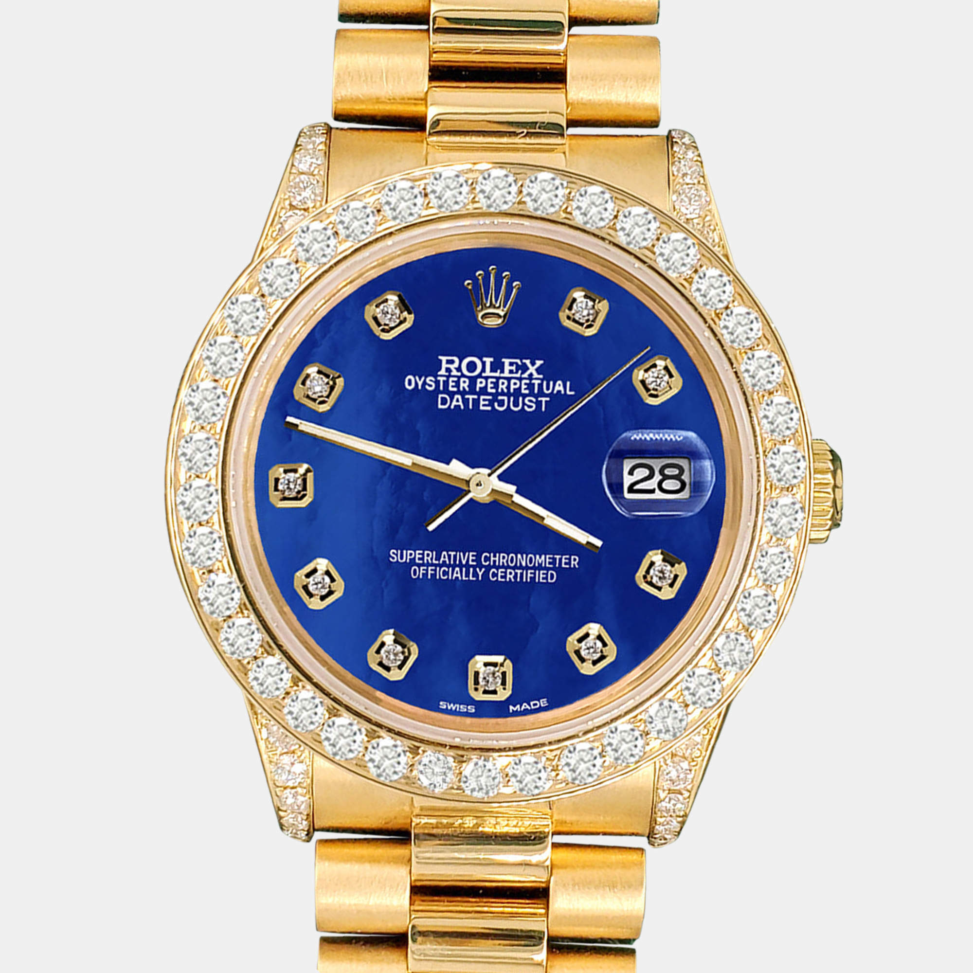 Rolex Custom Royal Blue 2.3ct Diamonds 18K Yellow Gold President Datejust  Automatic Women's Wristwatch 31mm