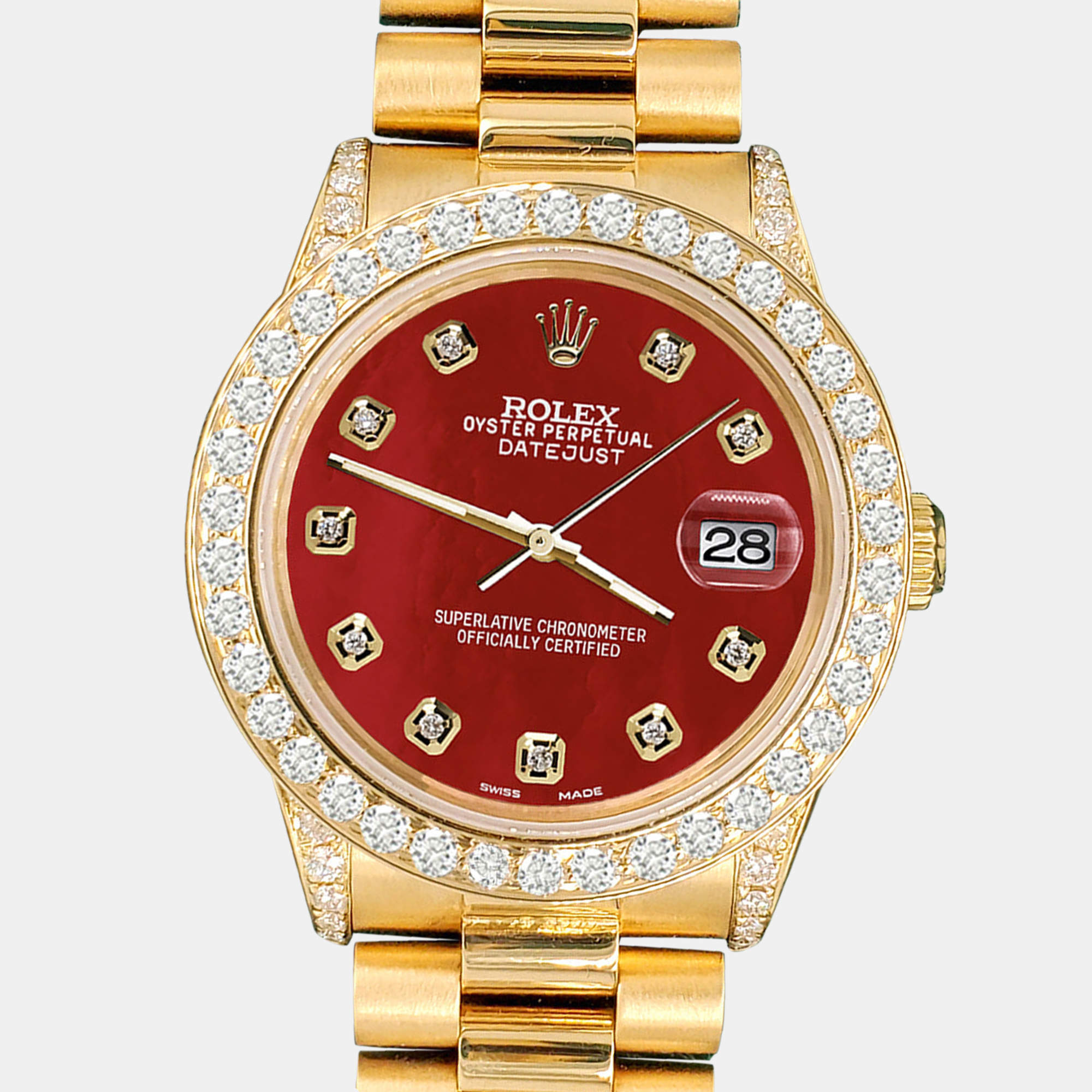Rolex Custom Red 2.3ct Diamonds 18K Yellow Gold President Datejust  Automatic Women's Wristwatch 31mm