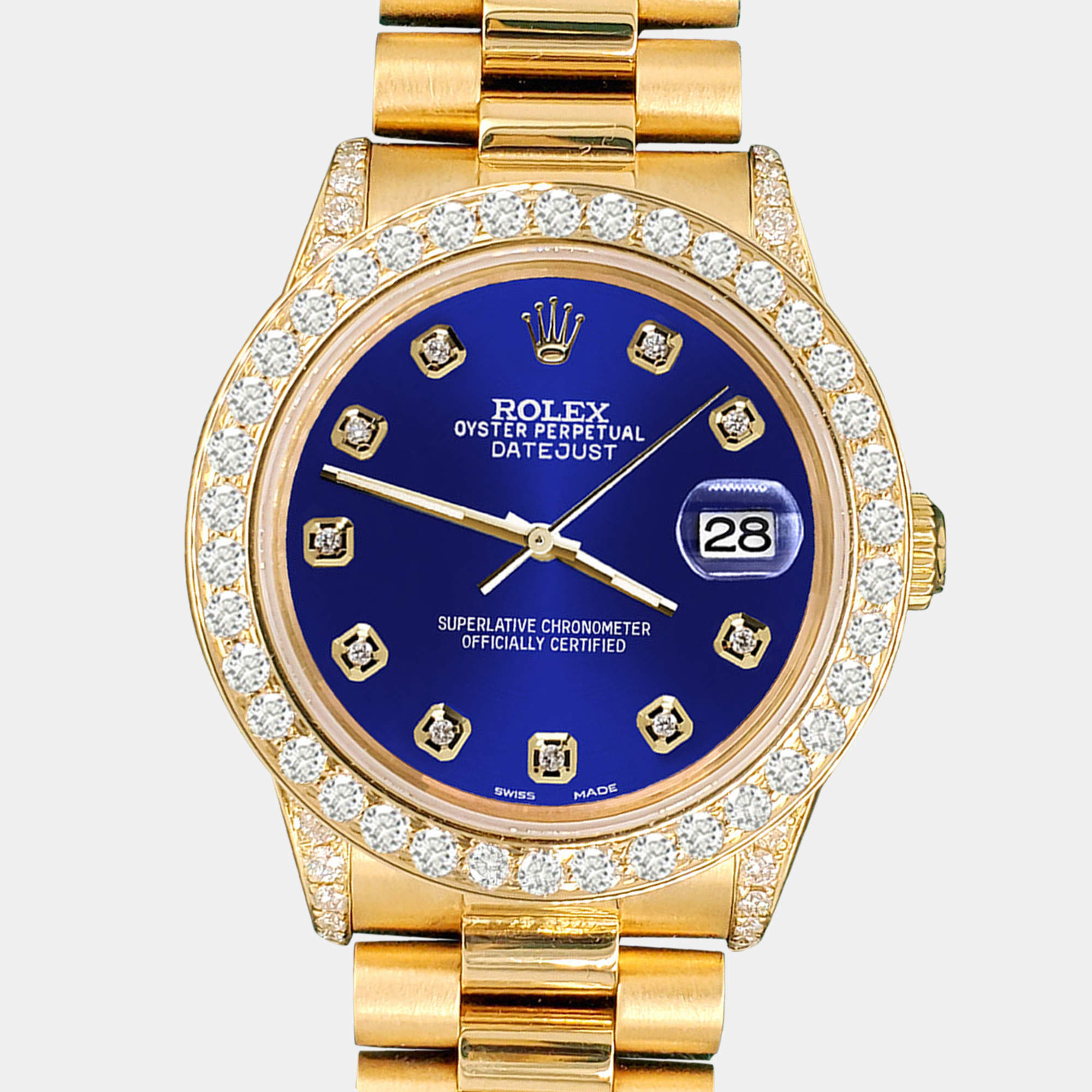 Rolex Custom Navy Blue  2.3ct Diamonds 18K Yellow Gold President Datejust  Automatic Women's Wristwatch 31mm
