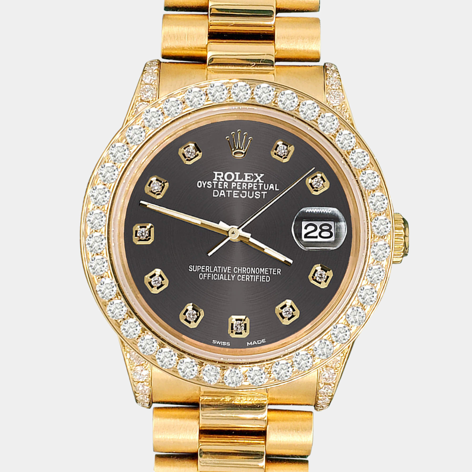 Rolex Custom Rhodium Gray 2.3ct Diamonds 18K Yellow Gold President Datejust  Automatic Women's Wristwatch 31mm