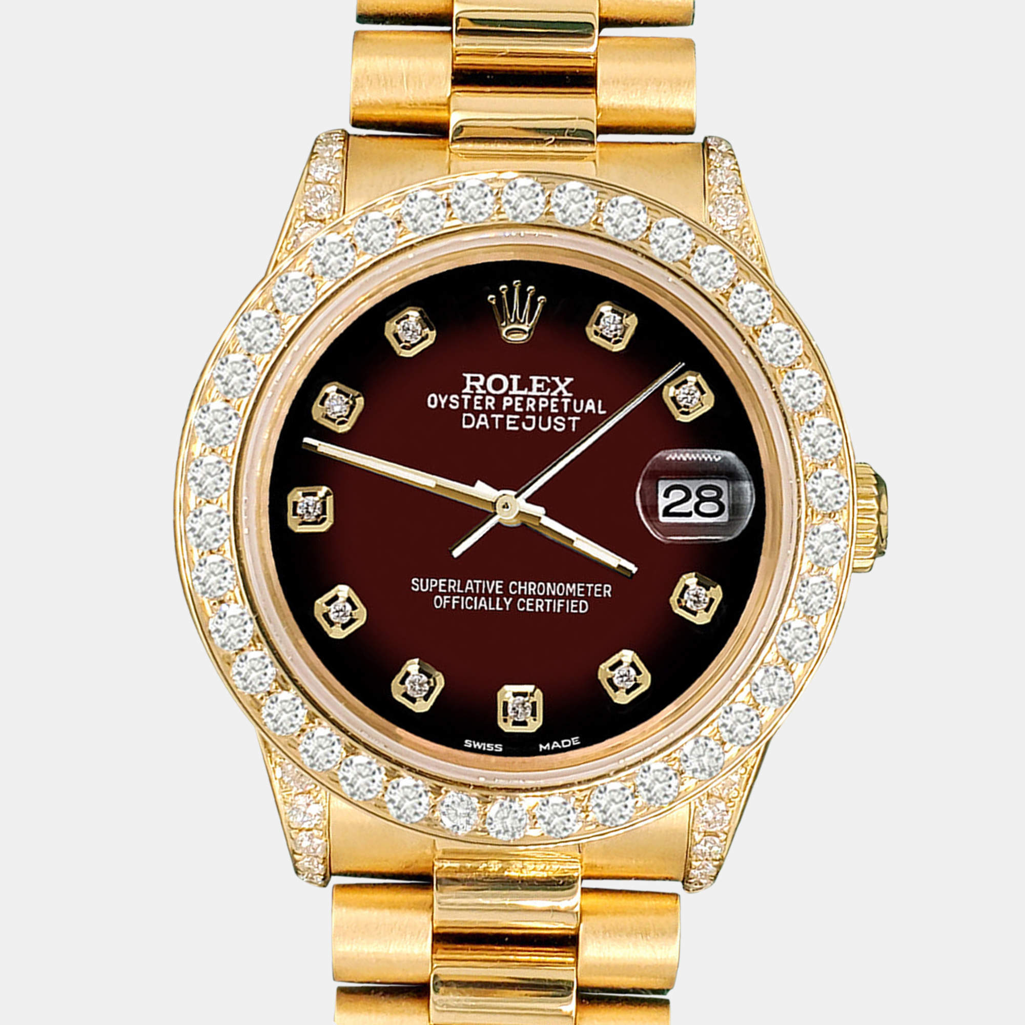 Rolex Custom Maroon Vignette 2.3ct Diamonds 18K Yellow Gold President Datejust  Automatic Women's Wristwatch 31mm