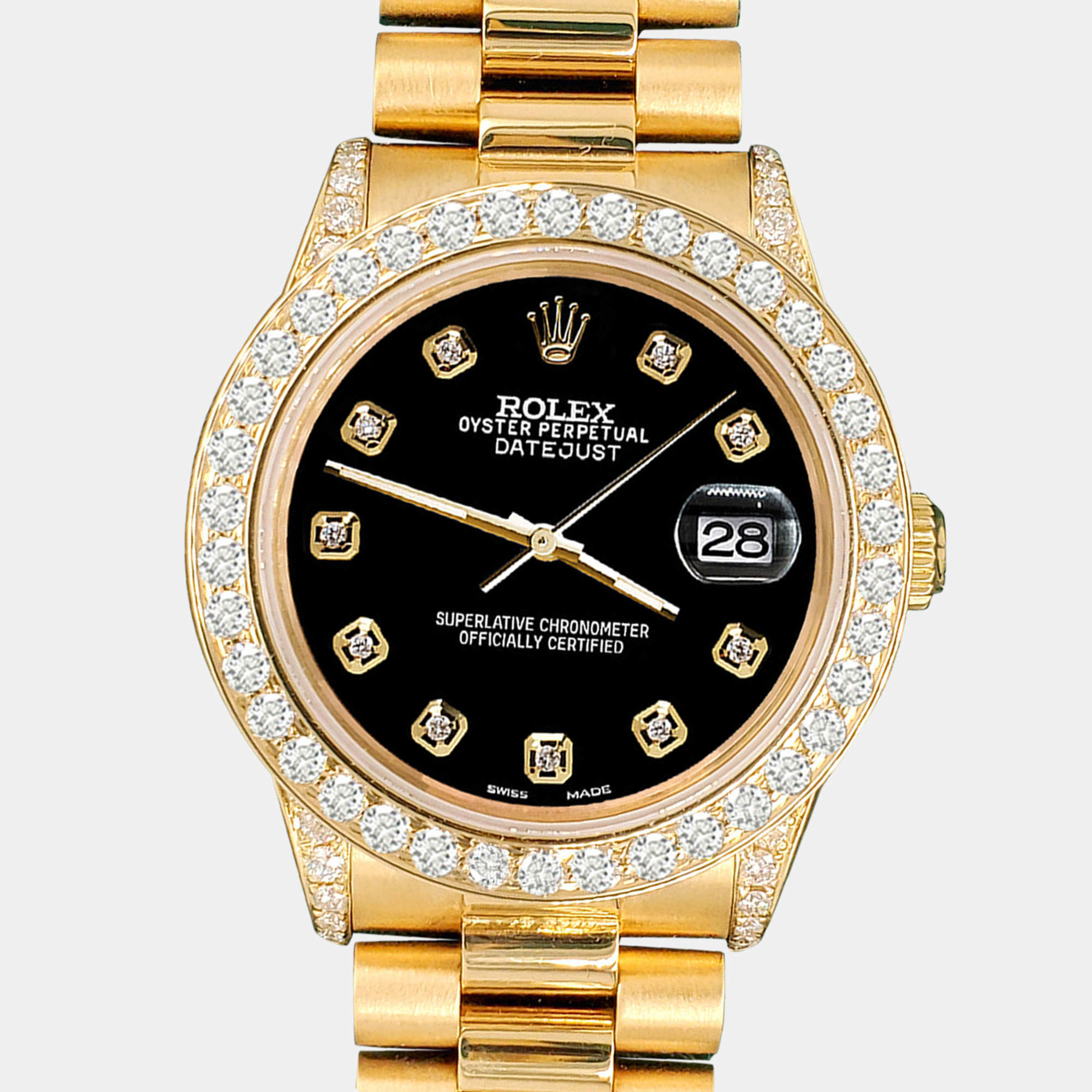 Rolex Custom Black 2.3ct Diamonds 18K Yellow Gold President Datejust  Automatic Women's Wristwatch 31mm