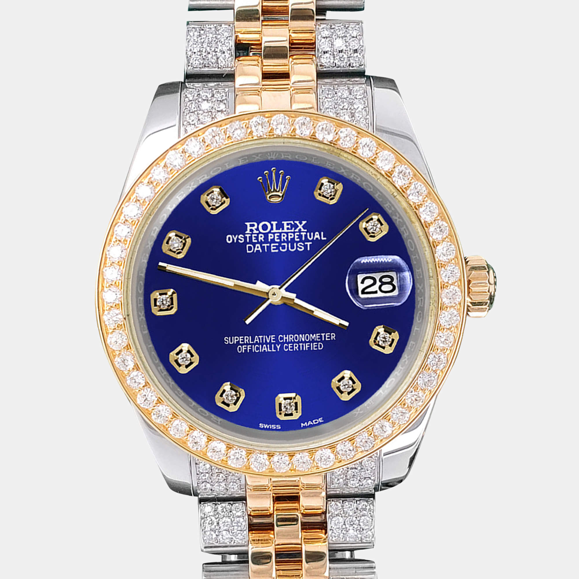 Rolex Custom Navy Blue 3.56ct Diamonds 18K Yellow Gold Stainless Steel Datejust 178273 Automatic Women's Wristwatch 31mm