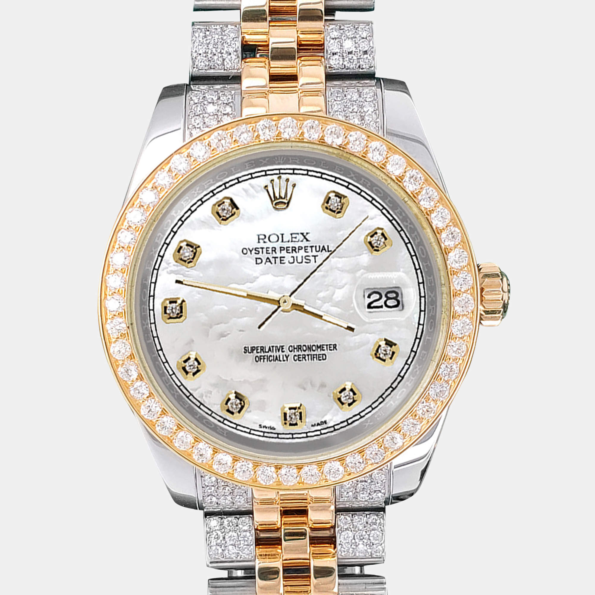 Rolex Custom White 3.56ct Diamonds 18K Yellow Gold Stainless Steel Datejust 178273 Automatic Women's Wristwatch 31mm