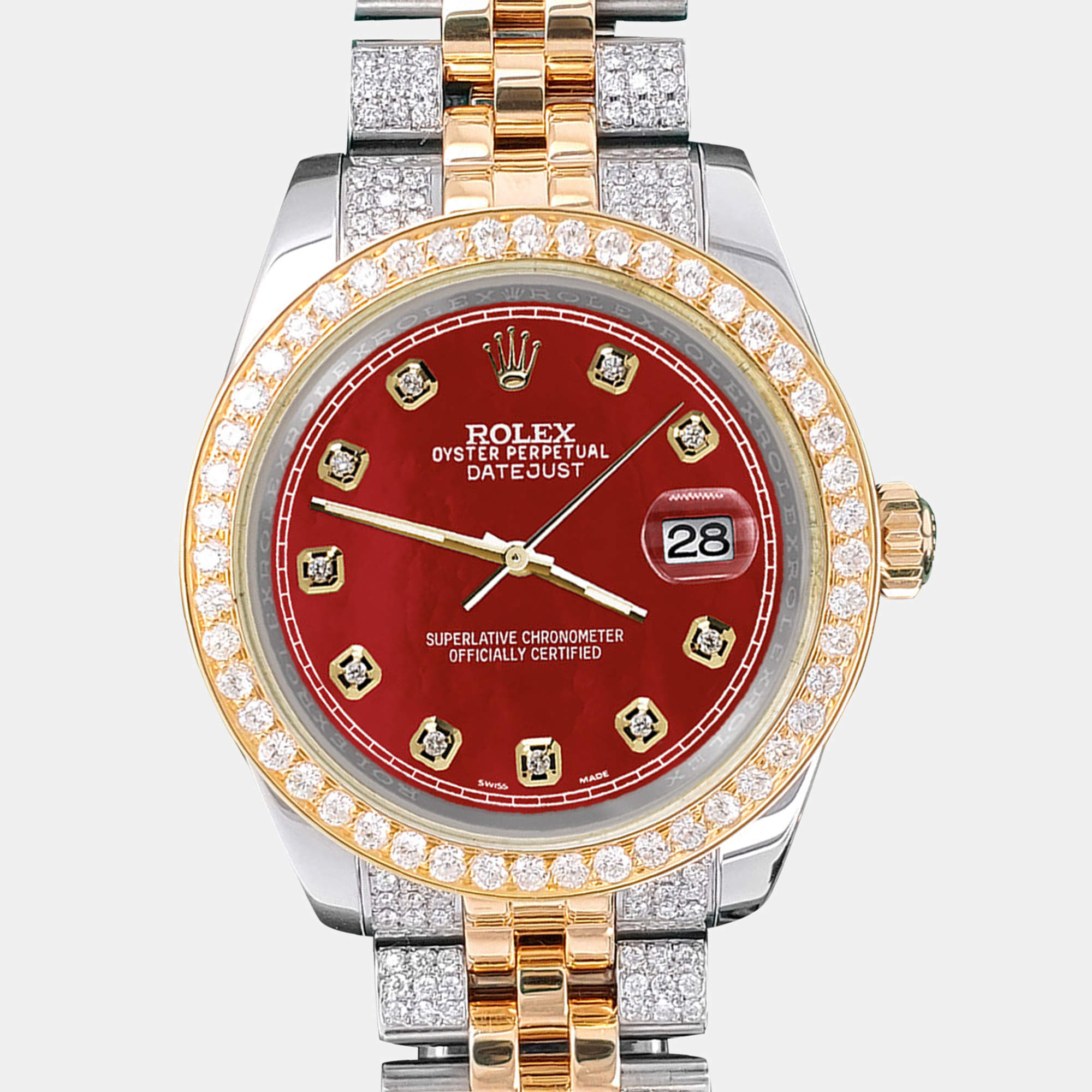 Rolex Custom Red 3.56ct Diamonds 18K Yellow Gold Stainless Steel Datejust 178273 Automatic Women's Wristwatch 31mm