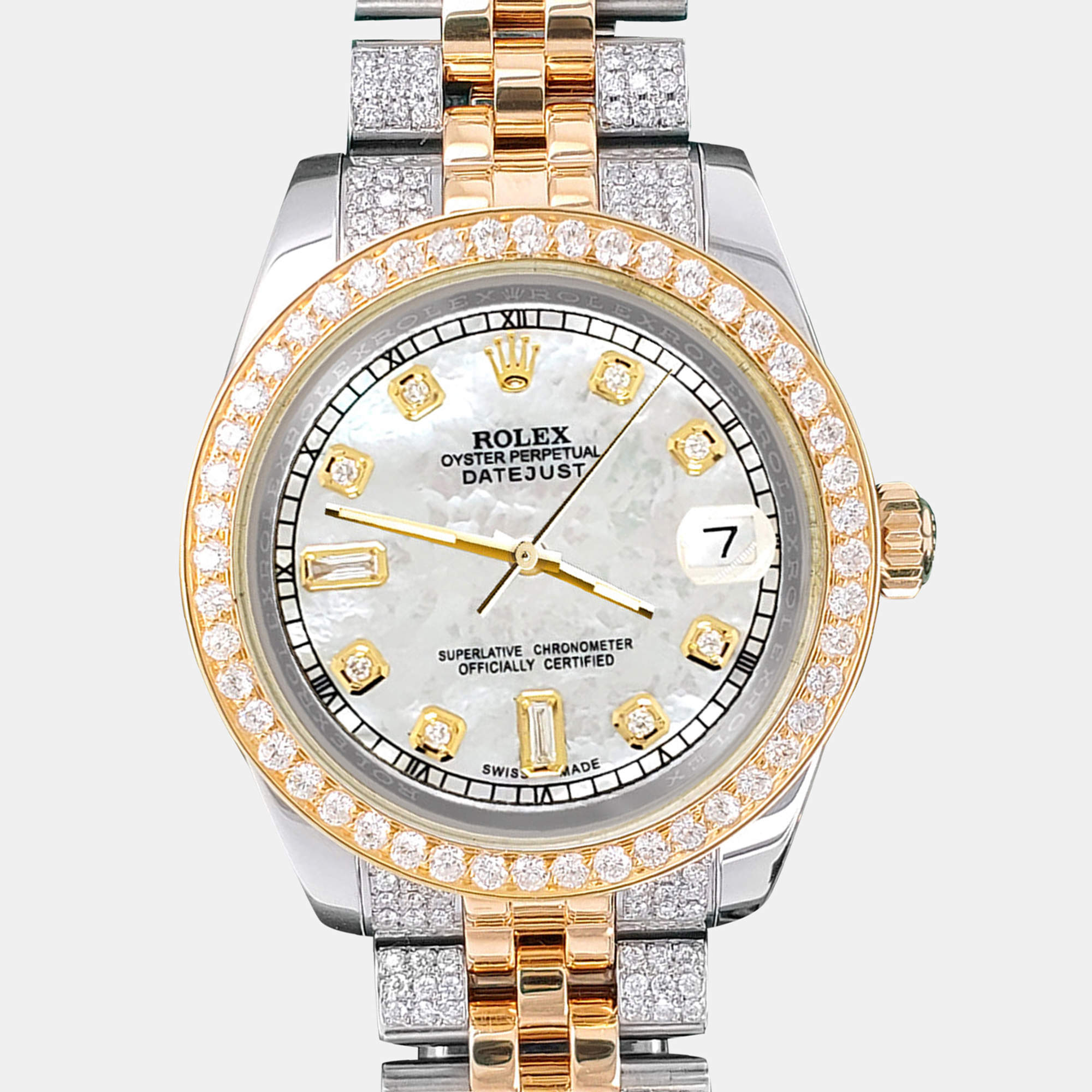 Rolex Custom White 3.56ct Diamonds 18K Yellow Gold Stainless Steel Datejust 178273 Automatic Women's Wristwatch 31mm