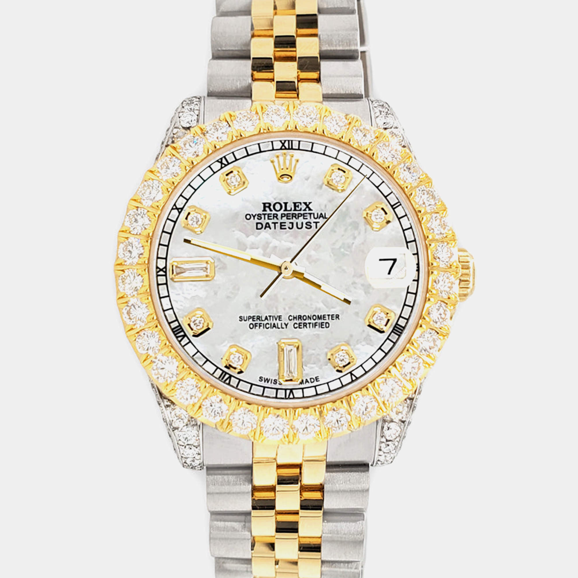 Rolex Custom White 4.4ct Diamonds 18K Yellow Gold Stainless Steel Datejust 178273 Automatic Women's Wristwatch 31mm