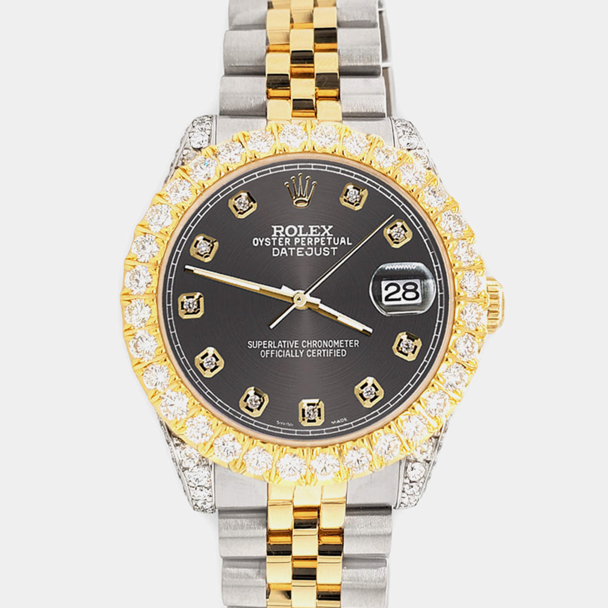 Rolex Custom Rhodium Gray 4.4ct Diamonds 18K Yellow Gold Stainless Steel Datejust 178273 Automatic Women's Wristwatch 31mm