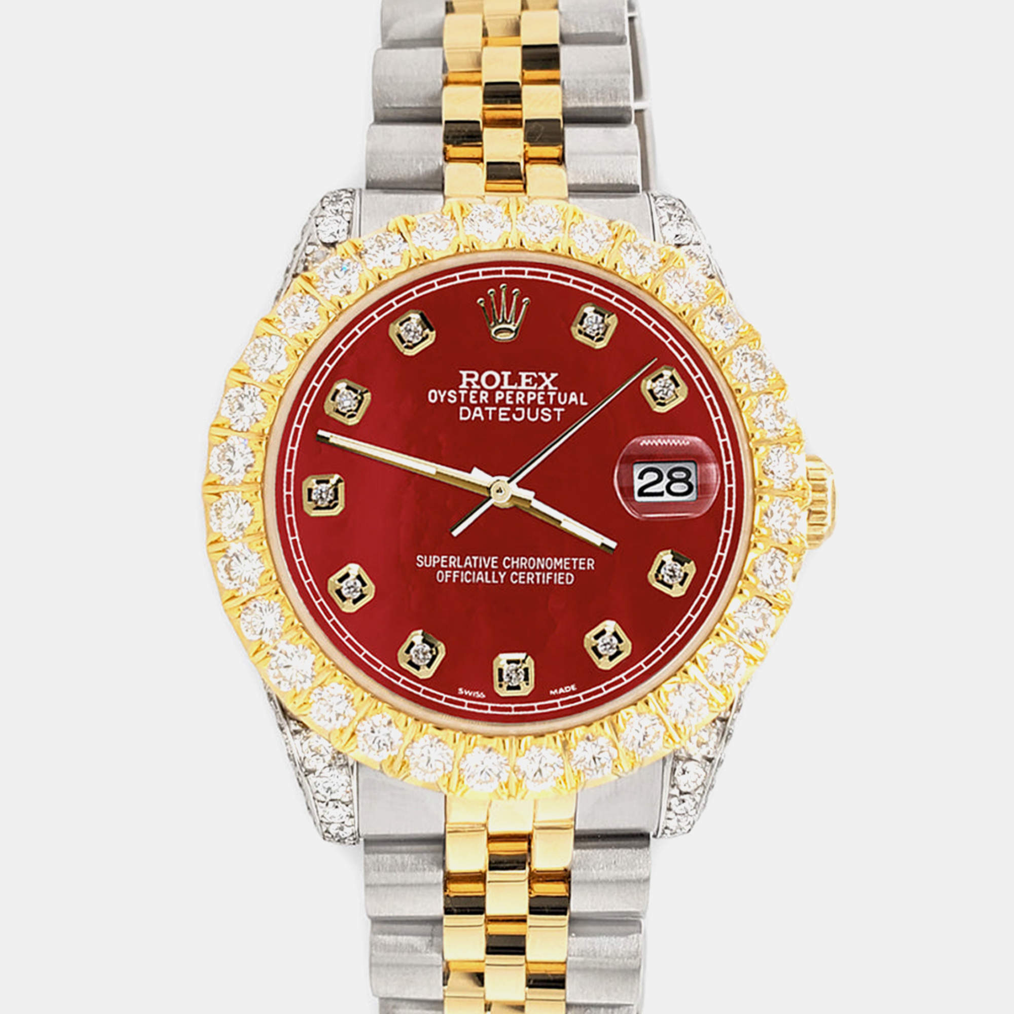 Rolex Custom Red 4.4ct Diamonds 18K Yellow Gold Stainless Steel Datejust 178273 Automatic Women's Wristwatch 31mm