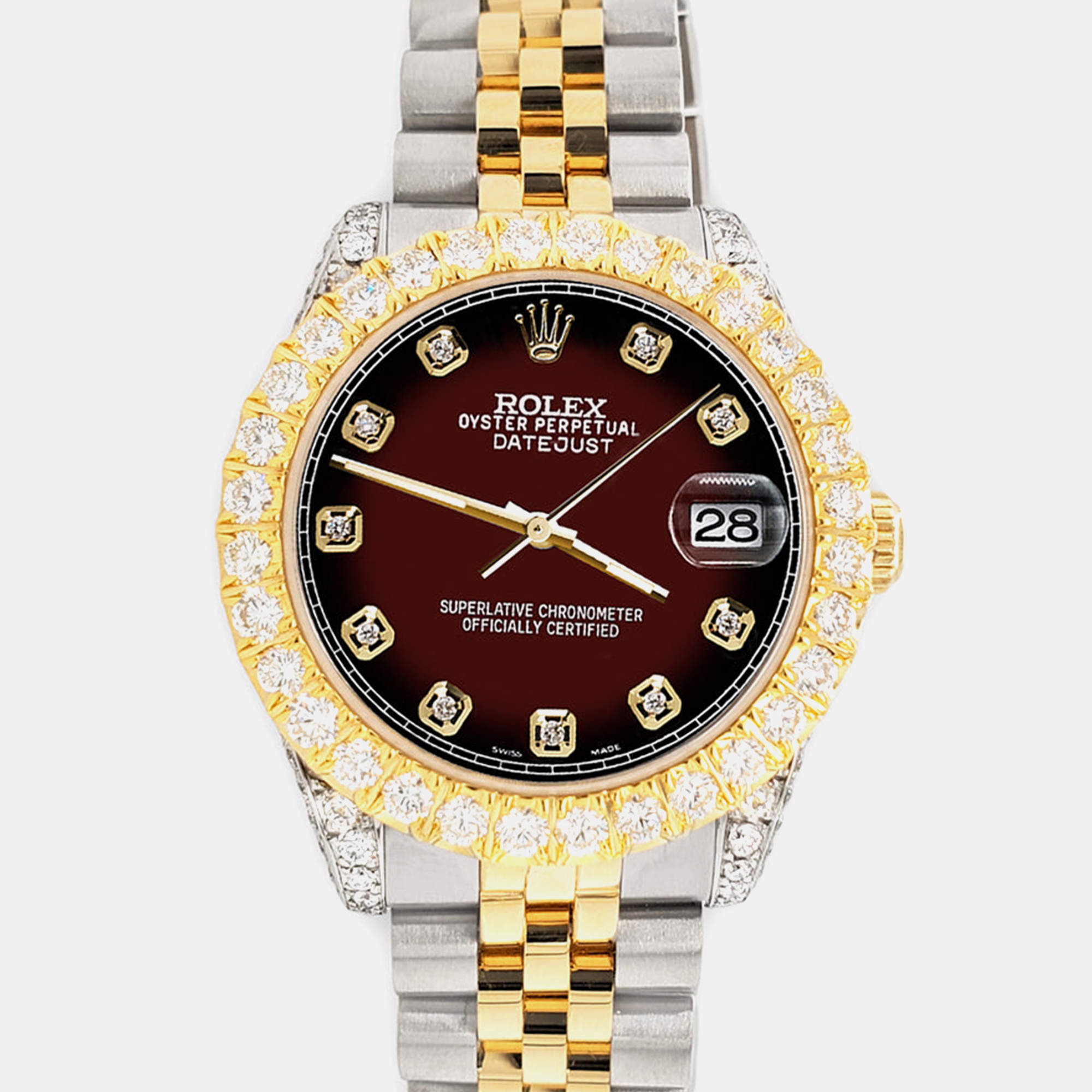 Rolex Custom Maroon Vignette 4.4ct Diamonds 18K Yellow Gold Stainless Steel Datejust 178273 Automatic Women's Wristwatch 31mm