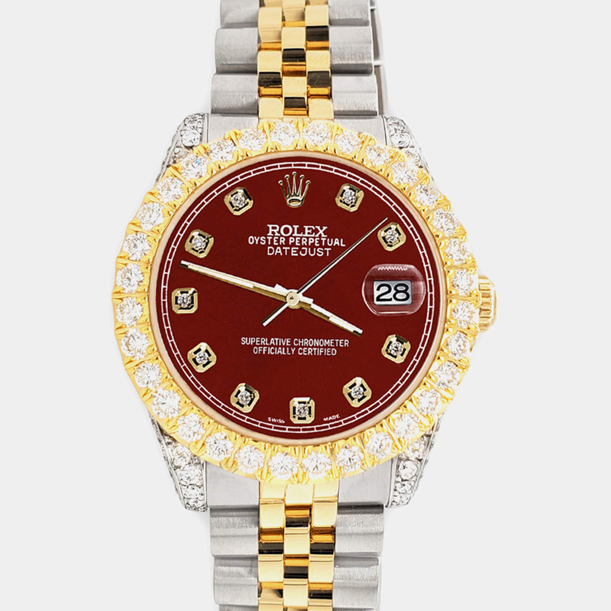 Rolex Custom Imperial Red 4.4ct Diamonds 18K Yellow Gold Stainless Steel Datejust 178273 Automatic Women's Wristwatch 31mm
