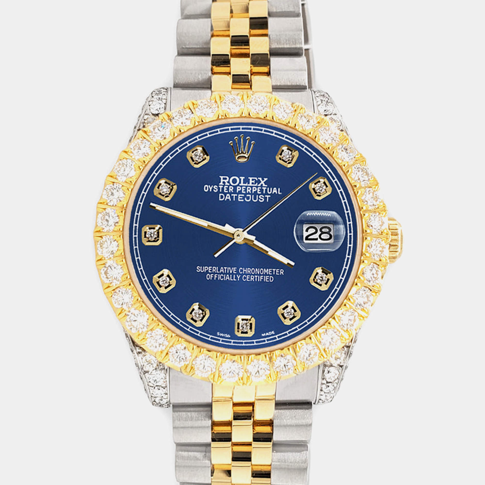 Rolex Custom Cobalt 4.4ct Diamonds 18K Yellow Gold Stainless Steel Datejust 178273 Automatic Women's Wristwatch 31mm