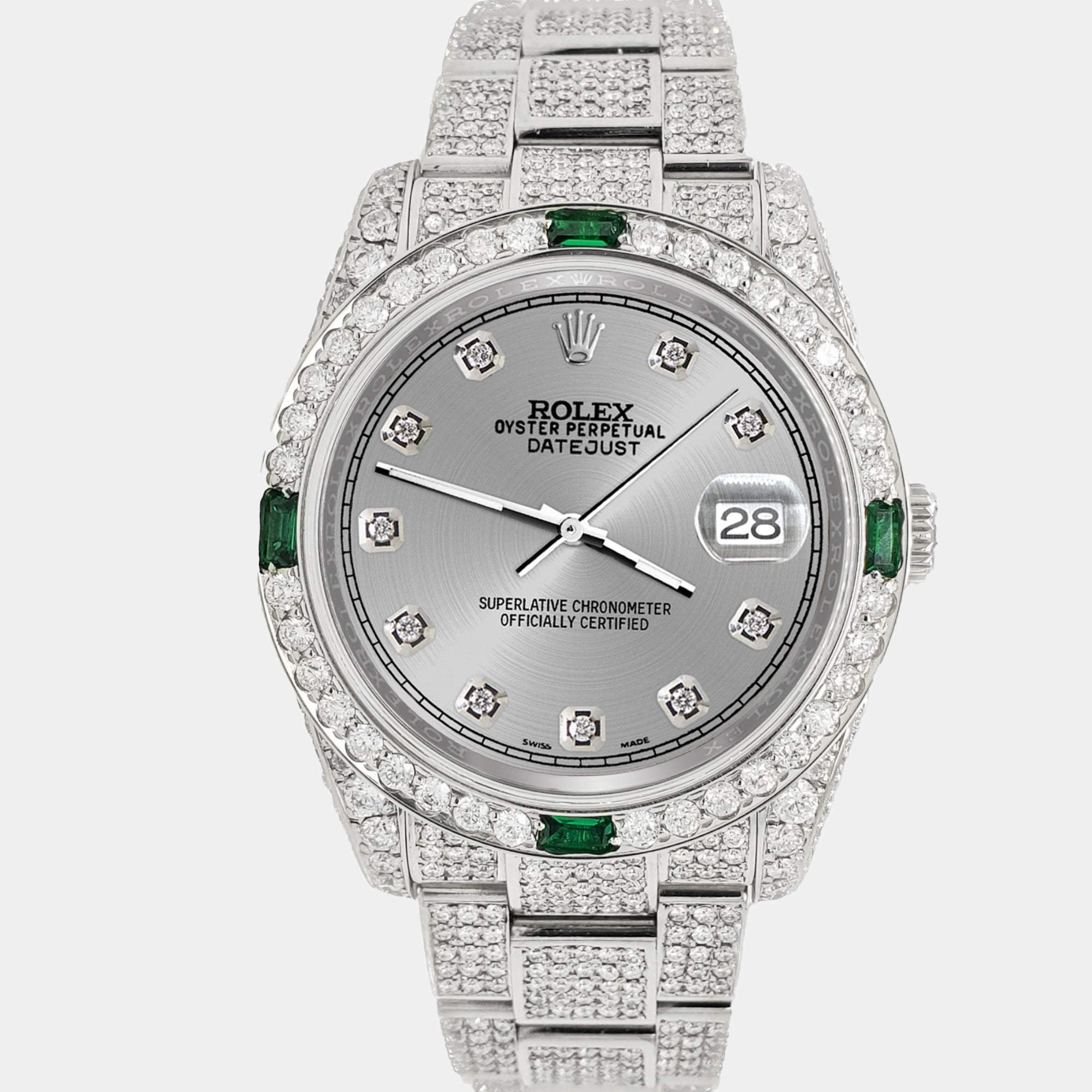 Rolex Custom Silver 12.4ct Diamonds Stainless Steel Datejust  Automatic Men's Wristwatch 36mm