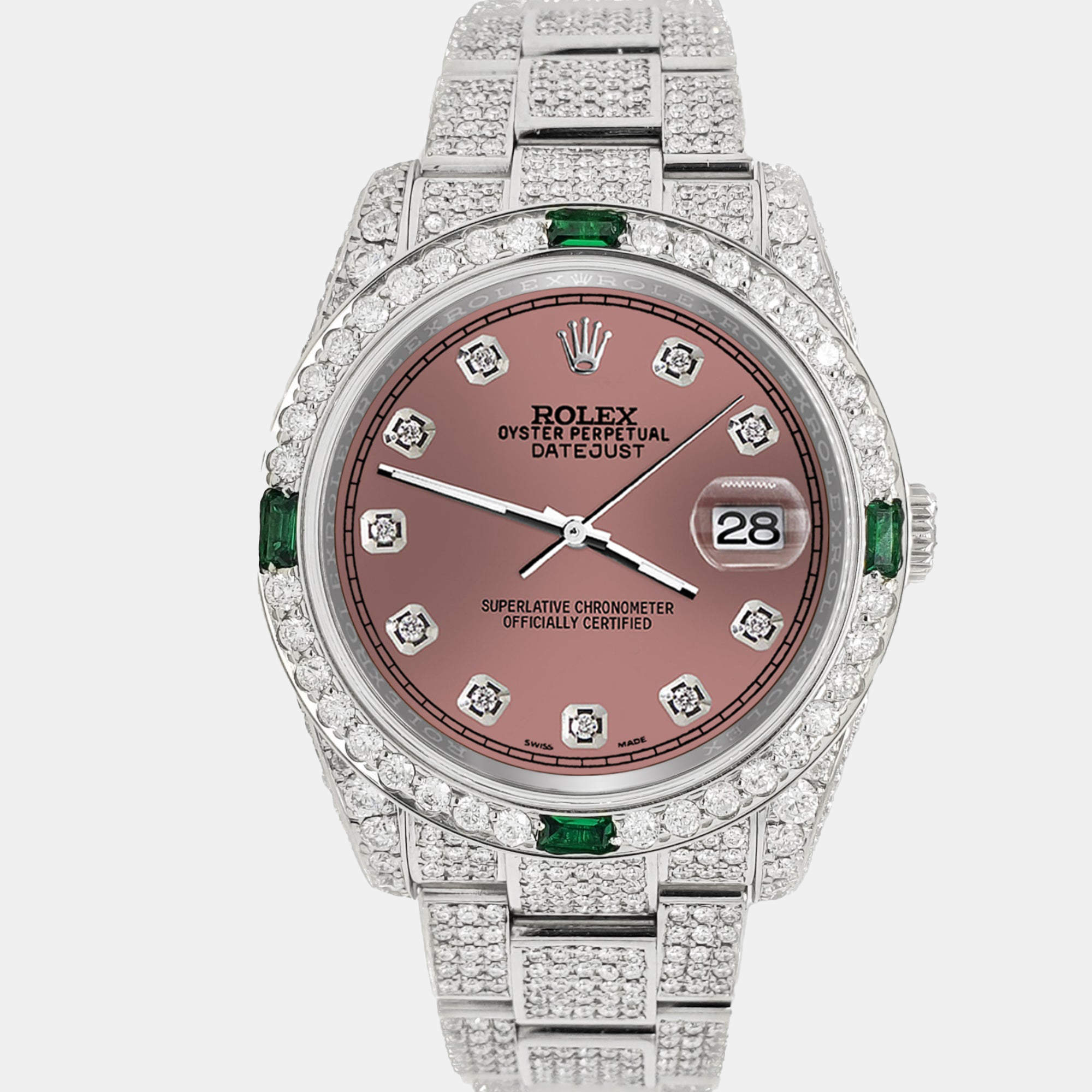 Rolex Custom Salmon 12.4ct Diamonds Stainless Steel Datejust  Automatic Men's Wristwatch 36mm