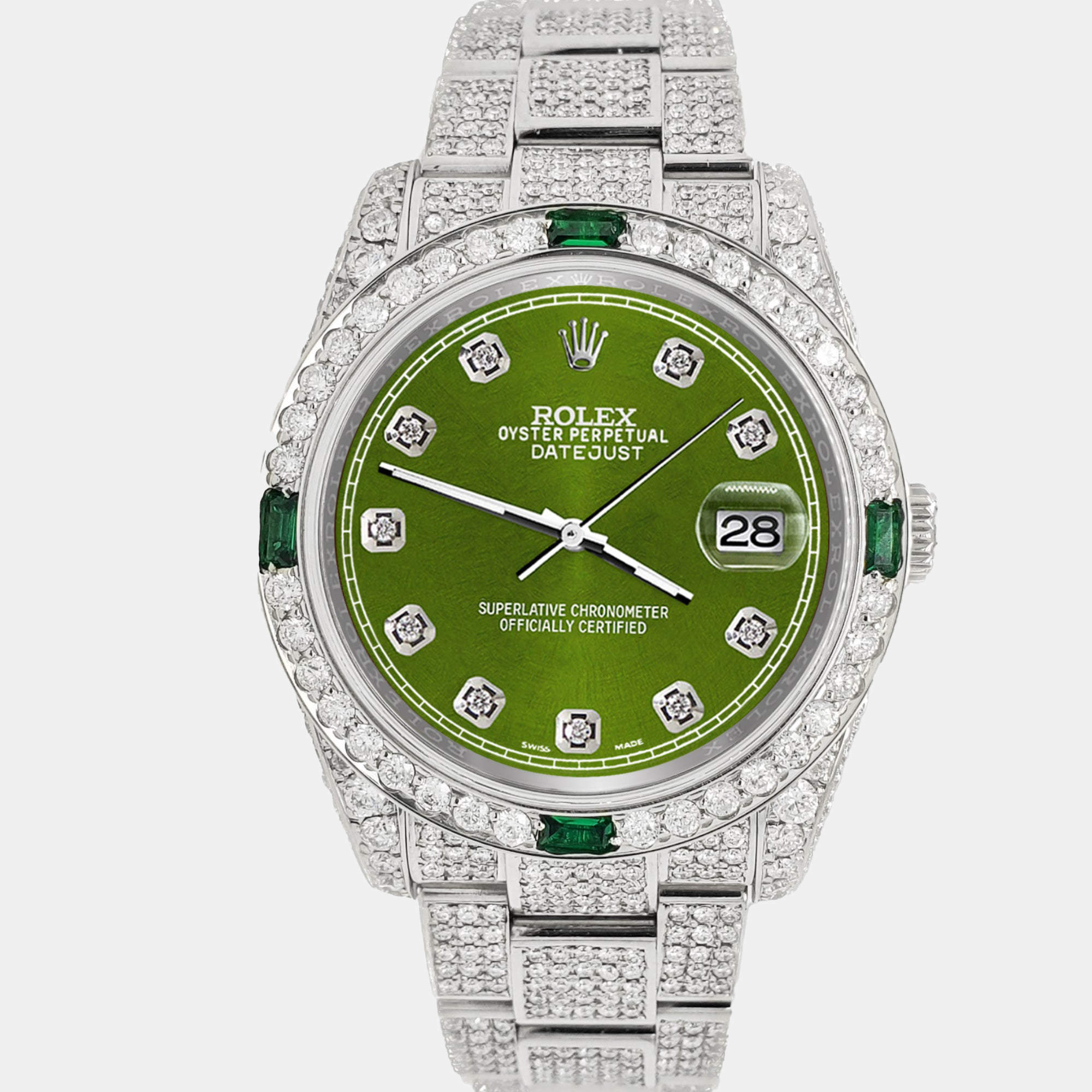 Rolex Custom Royal Green 12.4ct Diamonds Stainless Steel Datejust  Automatic Men's Wristwatch 36mm