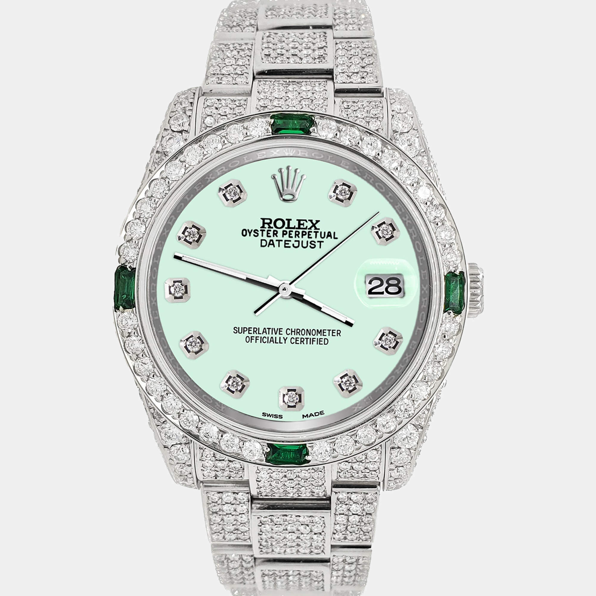 Rolex Custom Light Malachite 12.4ct Diamonds Stainless Steel Datejust  Automatic Men's Wristwatch 36mm