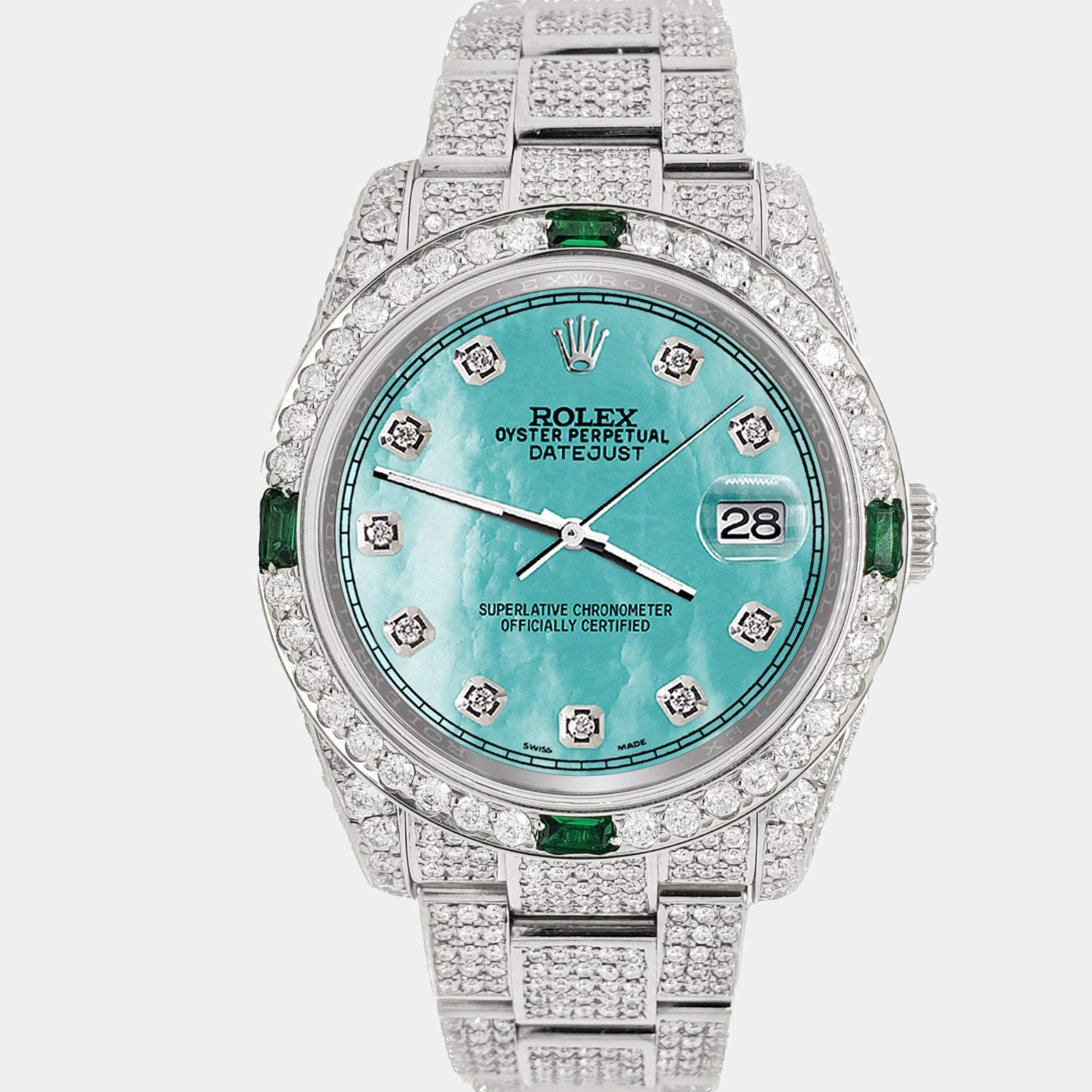 Rolex Custom Aquamarine 12.4ct Diamonds Stainless Steel Datejust  Automatic Men's Wristwatch 36mm