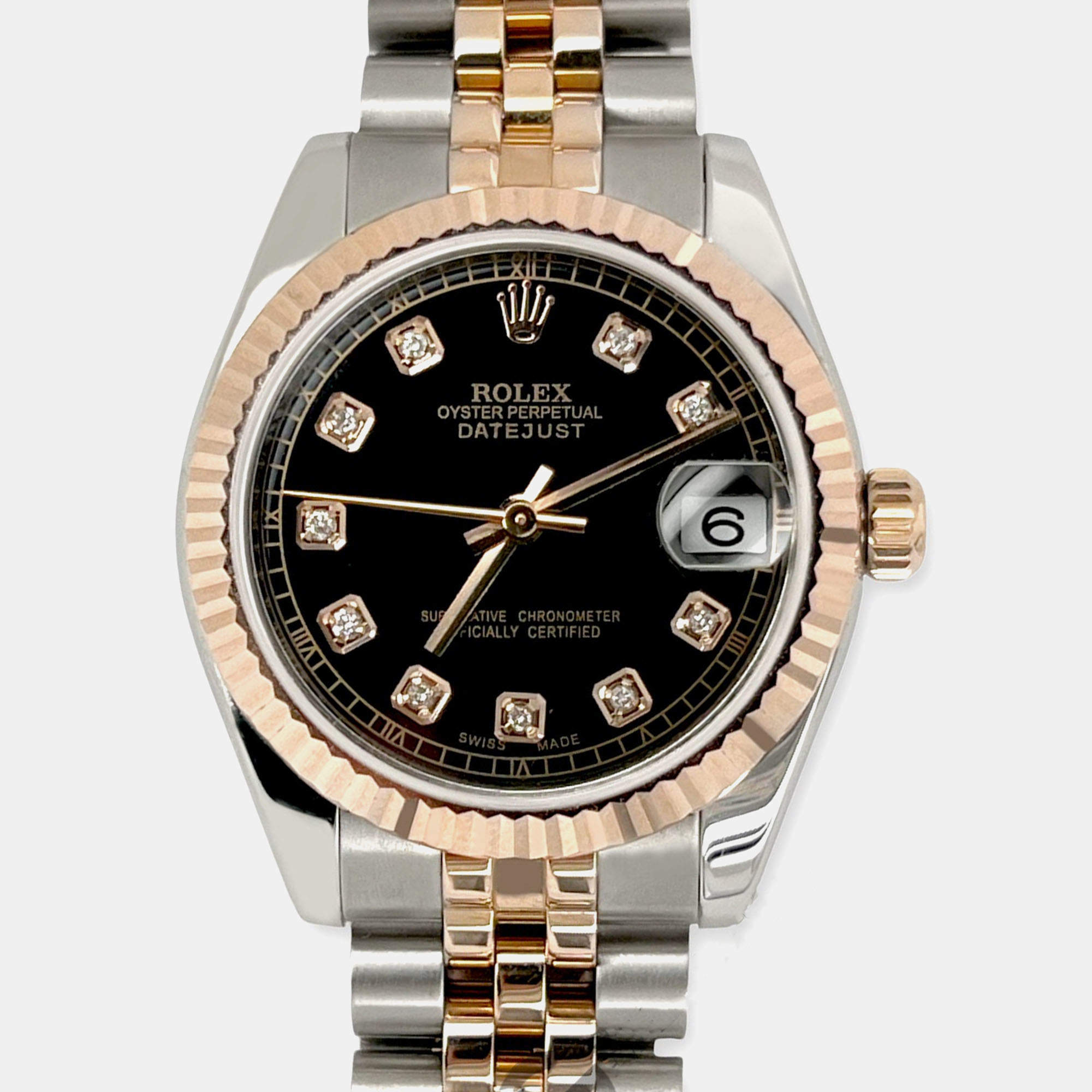 Rolex Custom Black Diamond 18K Yellow Gold Stainless Steel Datejust 178271 Automatic Women's Wristwatch 31mm