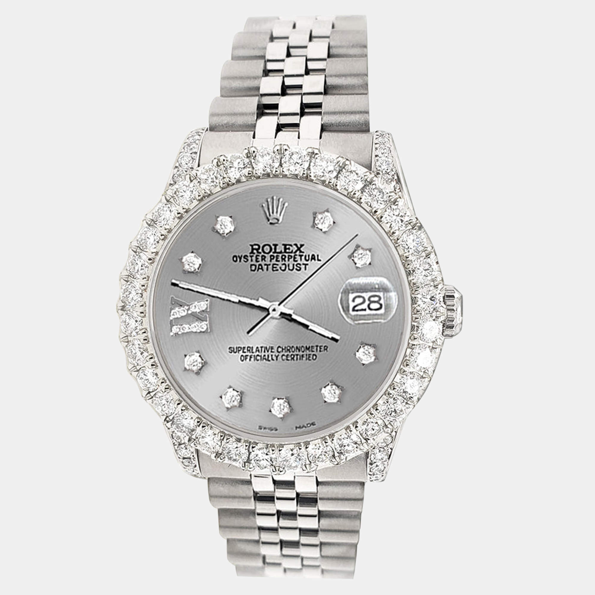 Rolex Custom Grey 2.95ct Diamond Stainless Steel Datejust Automatic Women's Wristwatch 31 mm