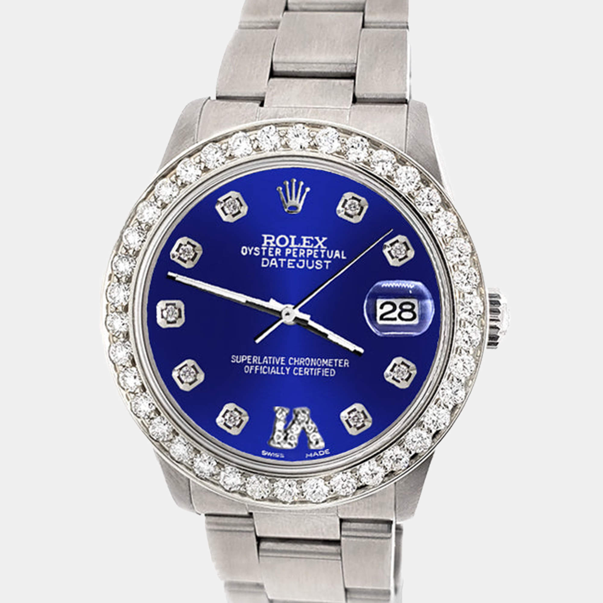 Rolex Custom Navy Blue 1.62ct Diamond Stainless Steel Datejust Automatic Women's Wristwatch 31 mm