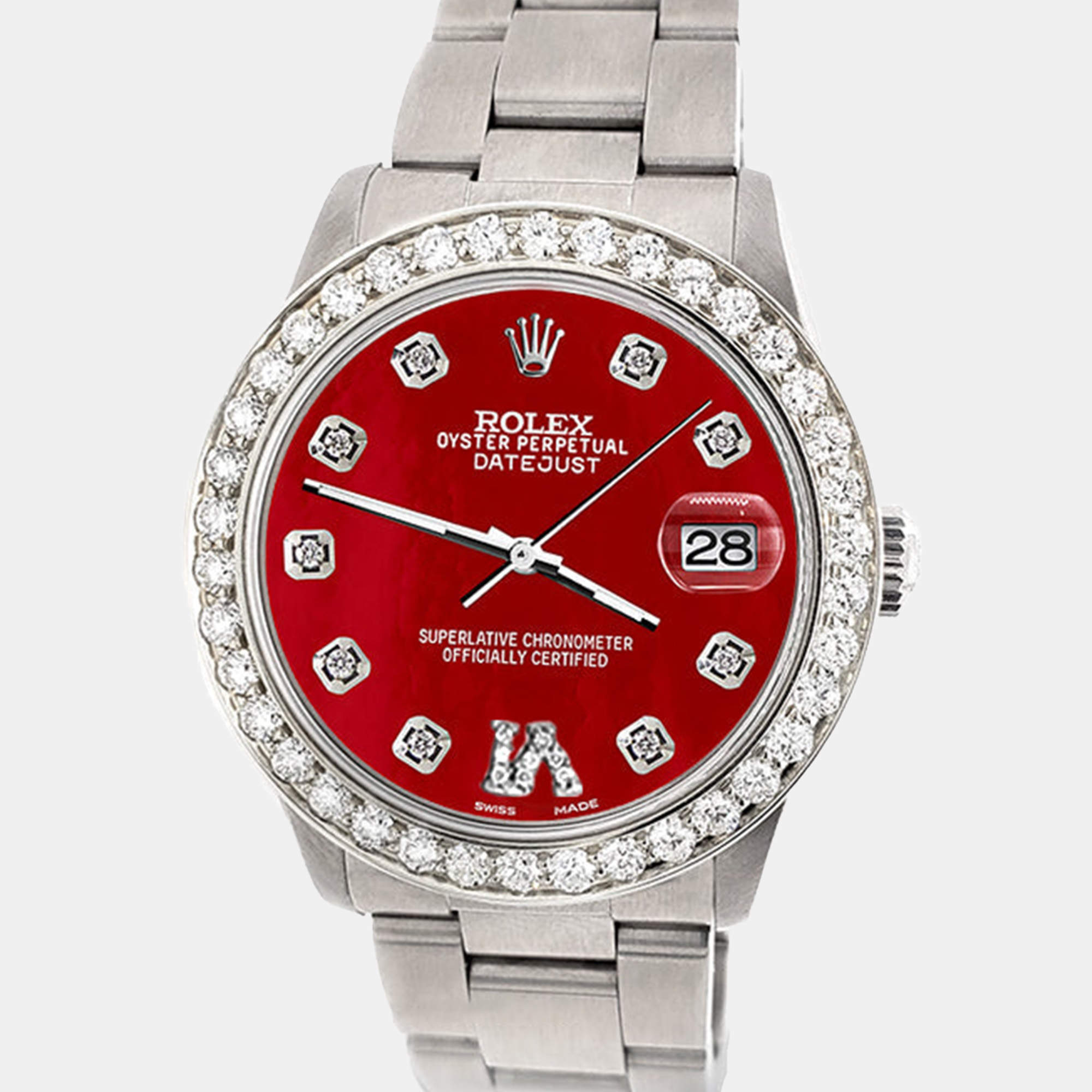 Rolex Custom Red MOP 1.62ct Diamond Stainless Steel Datejust Automatic Women's Wristwatch 31 mm
