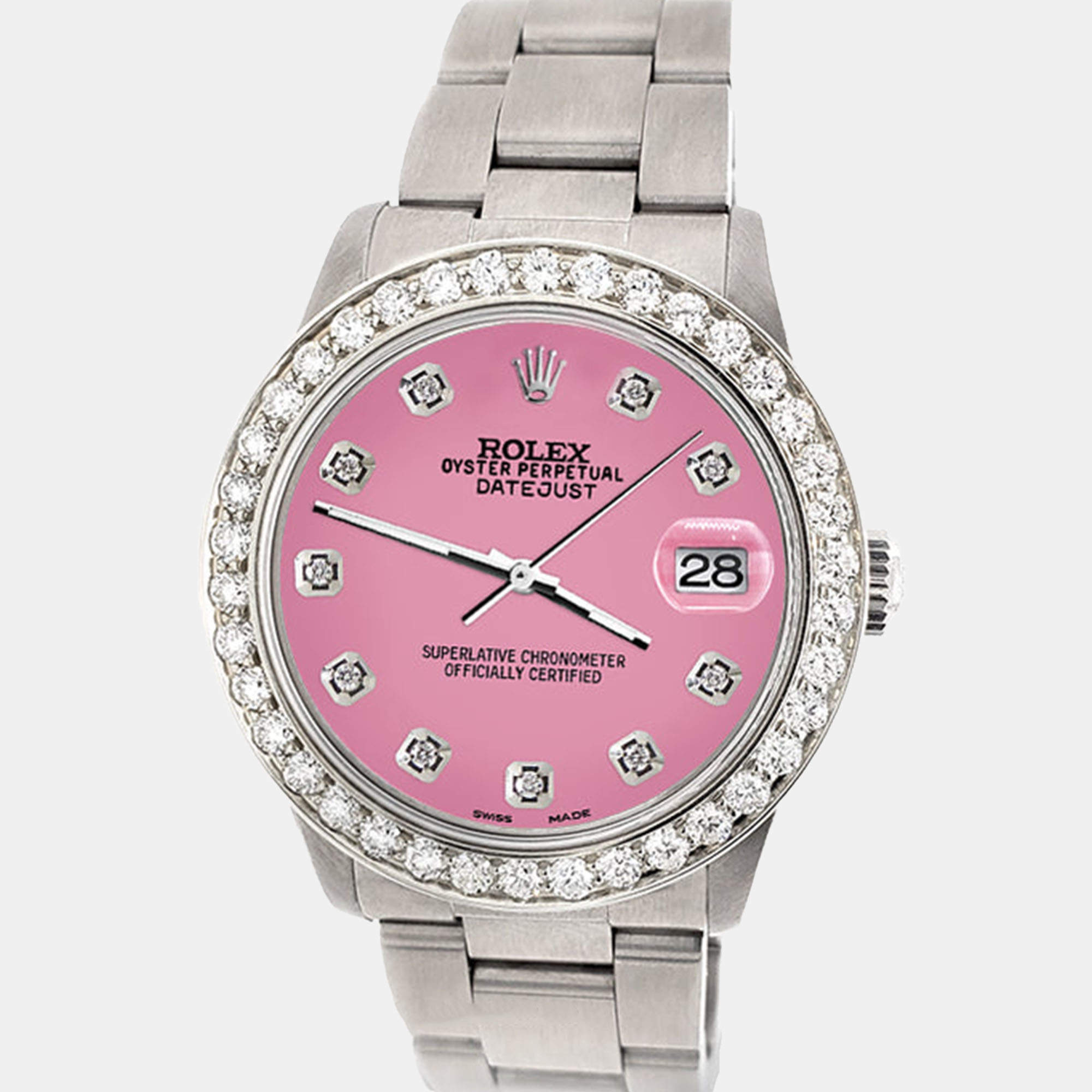 Rolex Custom Pink 1.62ct Diamond Stainless Steel Datejust Automatic Women's Wristwatch 31 mm
