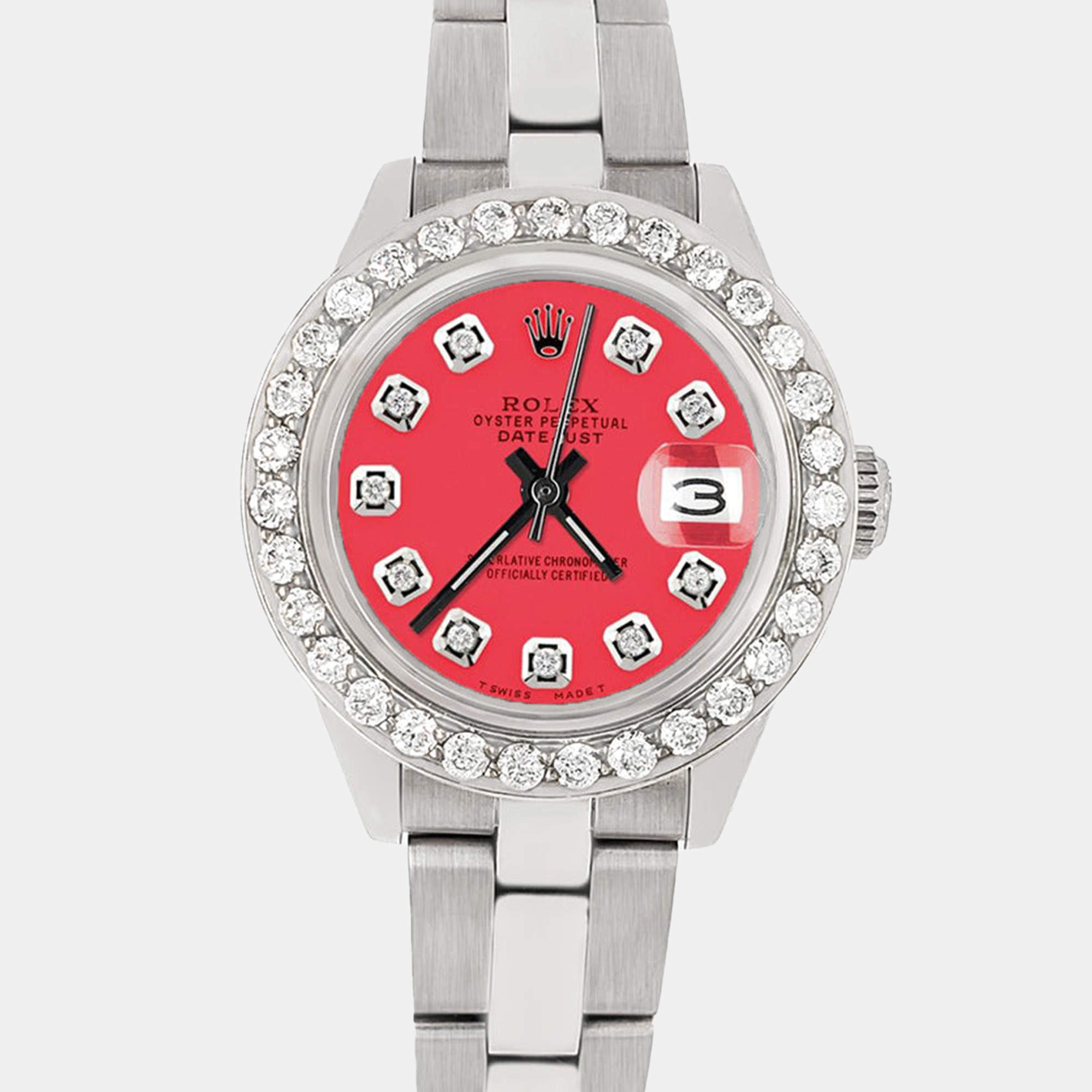 Rolex Custom Crimson 1.3CT Diamond Stainless Steel Datejust  Automatic Women's Wristwatch 26mm