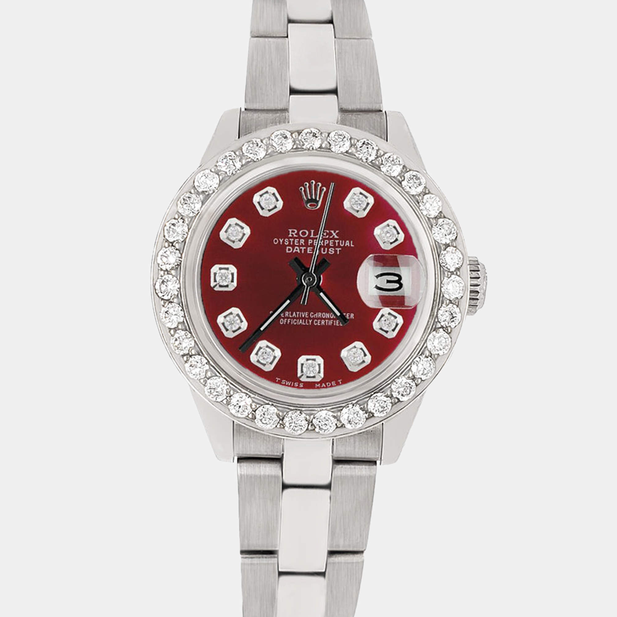 Rolex Custom Merlot Red 1.3CT Diamond Stainless Steel Datejust  Automatic Women's Wristwatch 26mm