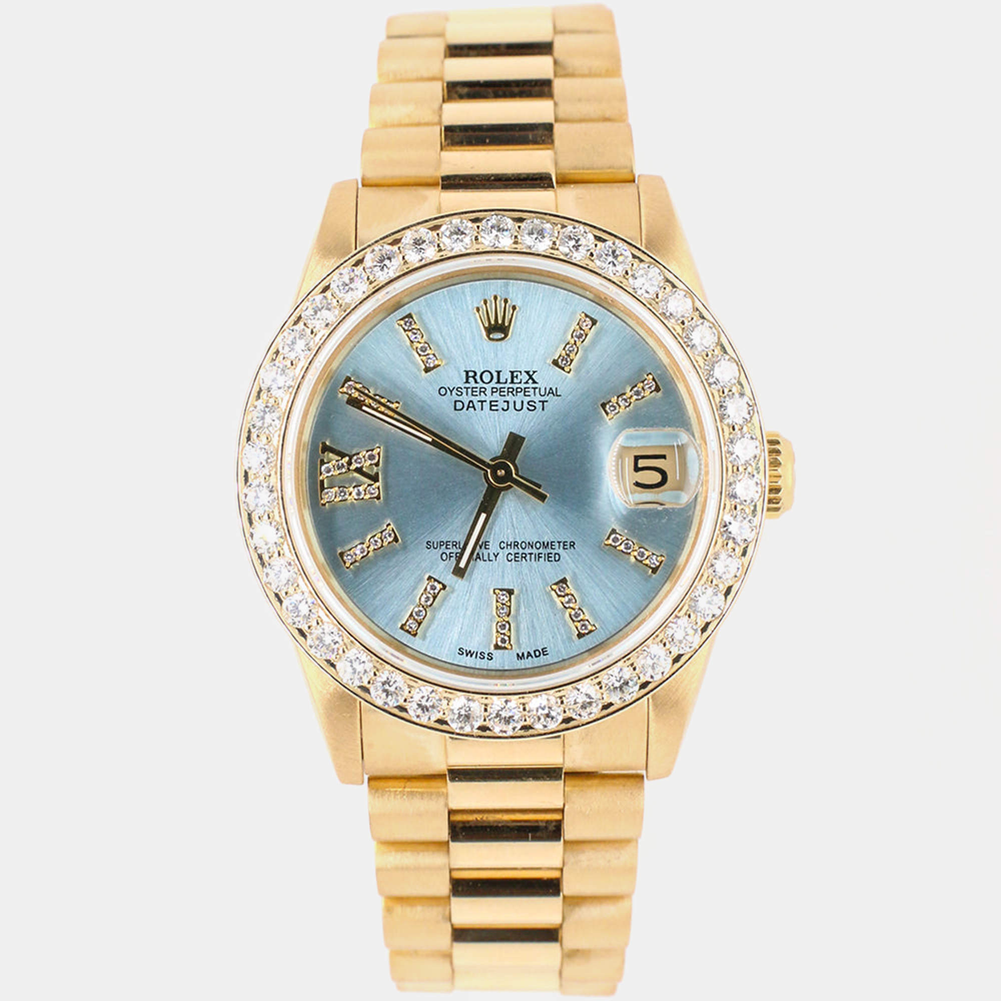 Rolex Custom Ice Blue Diamond 18K Yellow Gold President Datejust  Automatic Women's Wristwatch 31mm