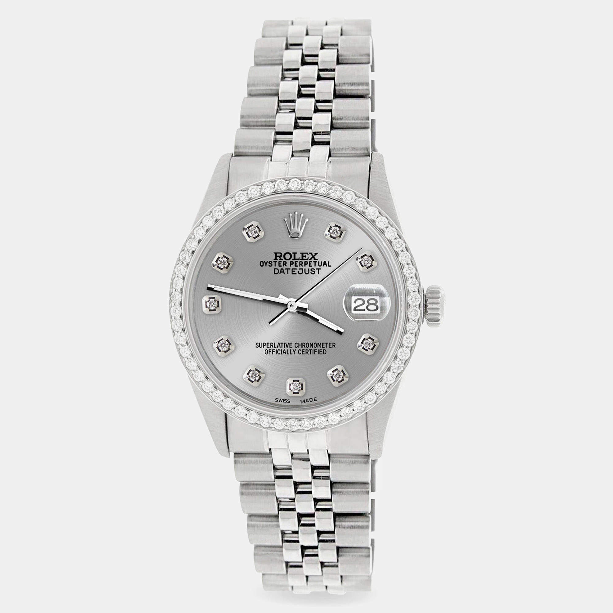 Rolex Custom Silver 1.1CT Diamond Stainless Steel Datejust  Automatic Men's Wristwatch 36mm