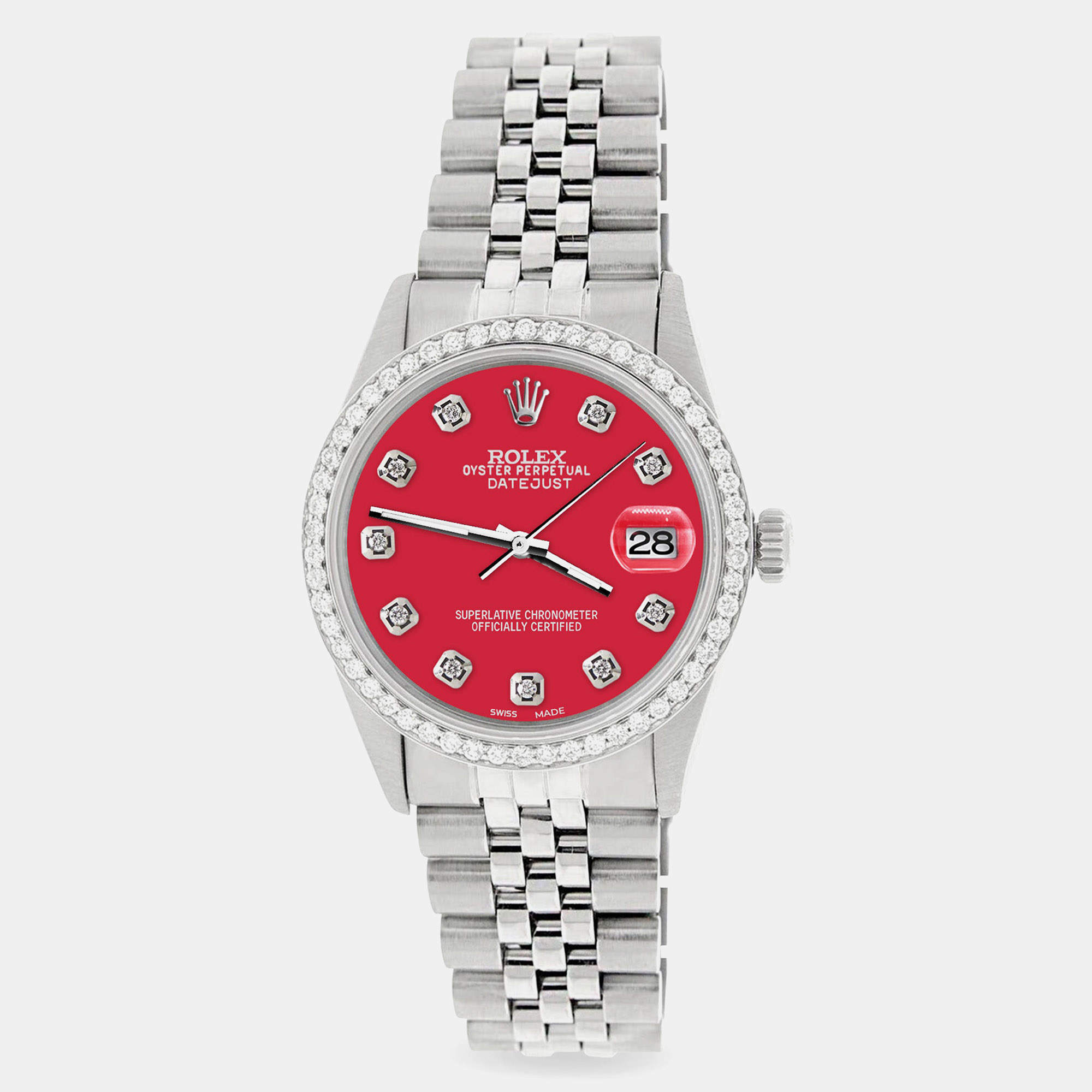 Rolex Custom Scarlet Red 1.1CT Diamond Stainless Steel Datejust  Automatic Men's Wristwatch 36mm