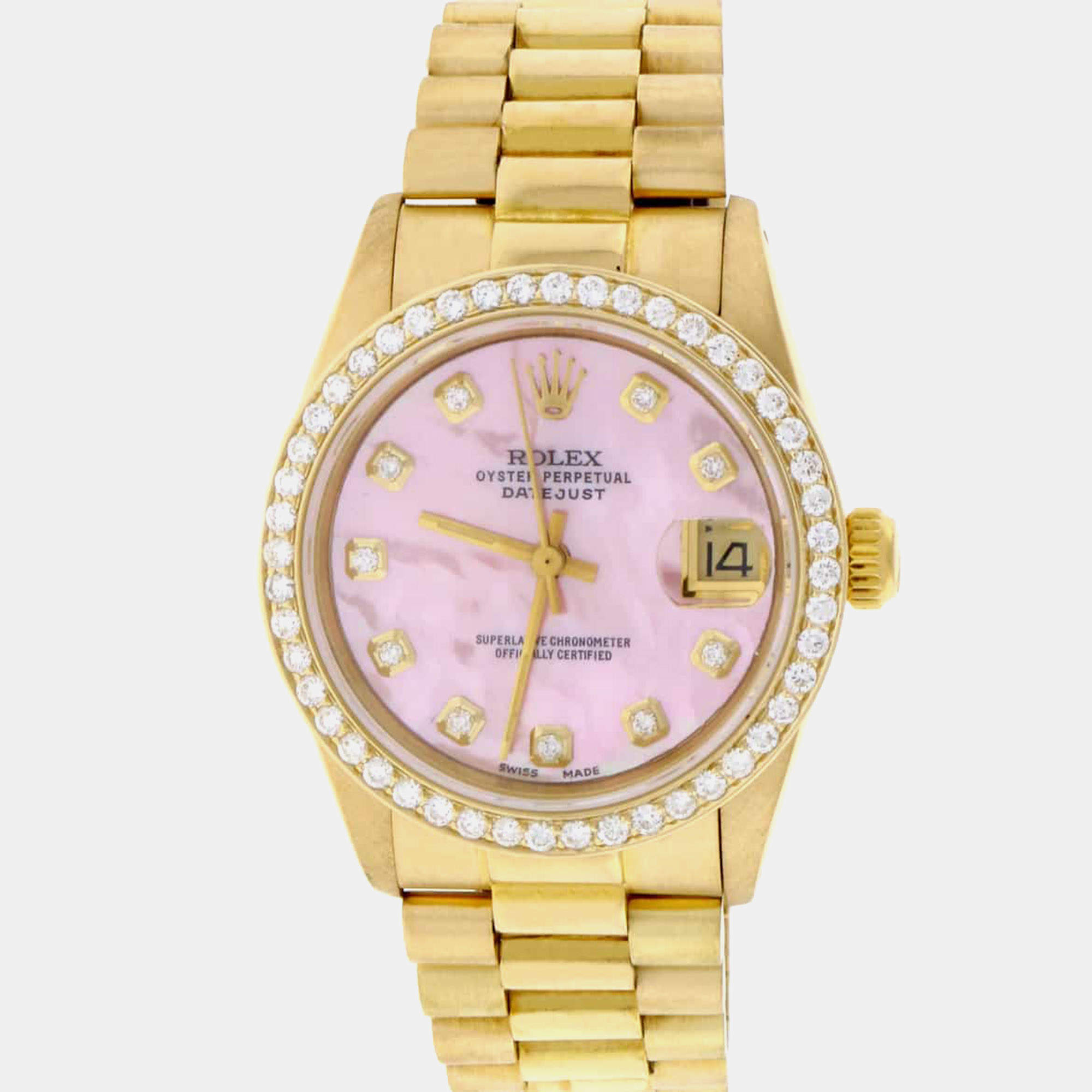 Rolex Customised Pink MOP Diamond 18K Yellow Gold President Datejust  Automatic Women's Wristwatch 31MM