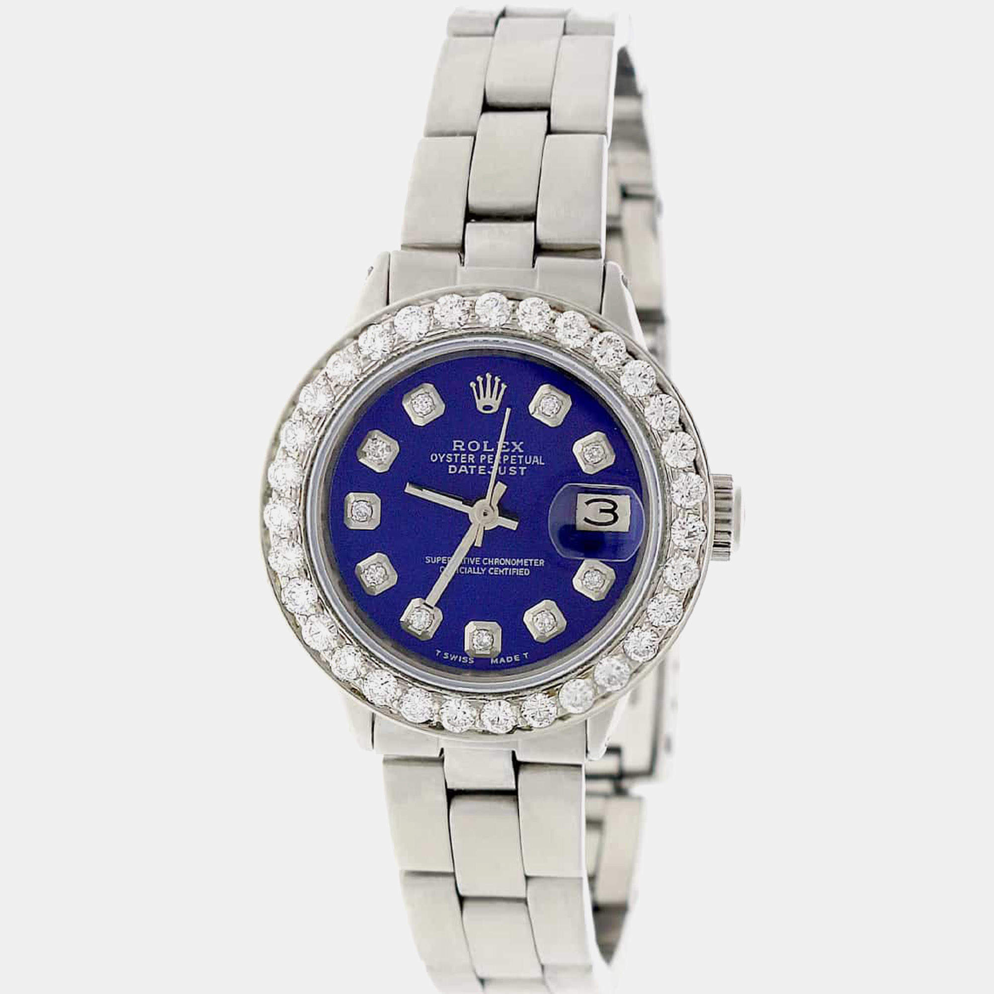 Rolex Customised Navy Blue 1.45CT Diamond Stainless Steel Datejust  Automatic Women's Wristwatch 26MM