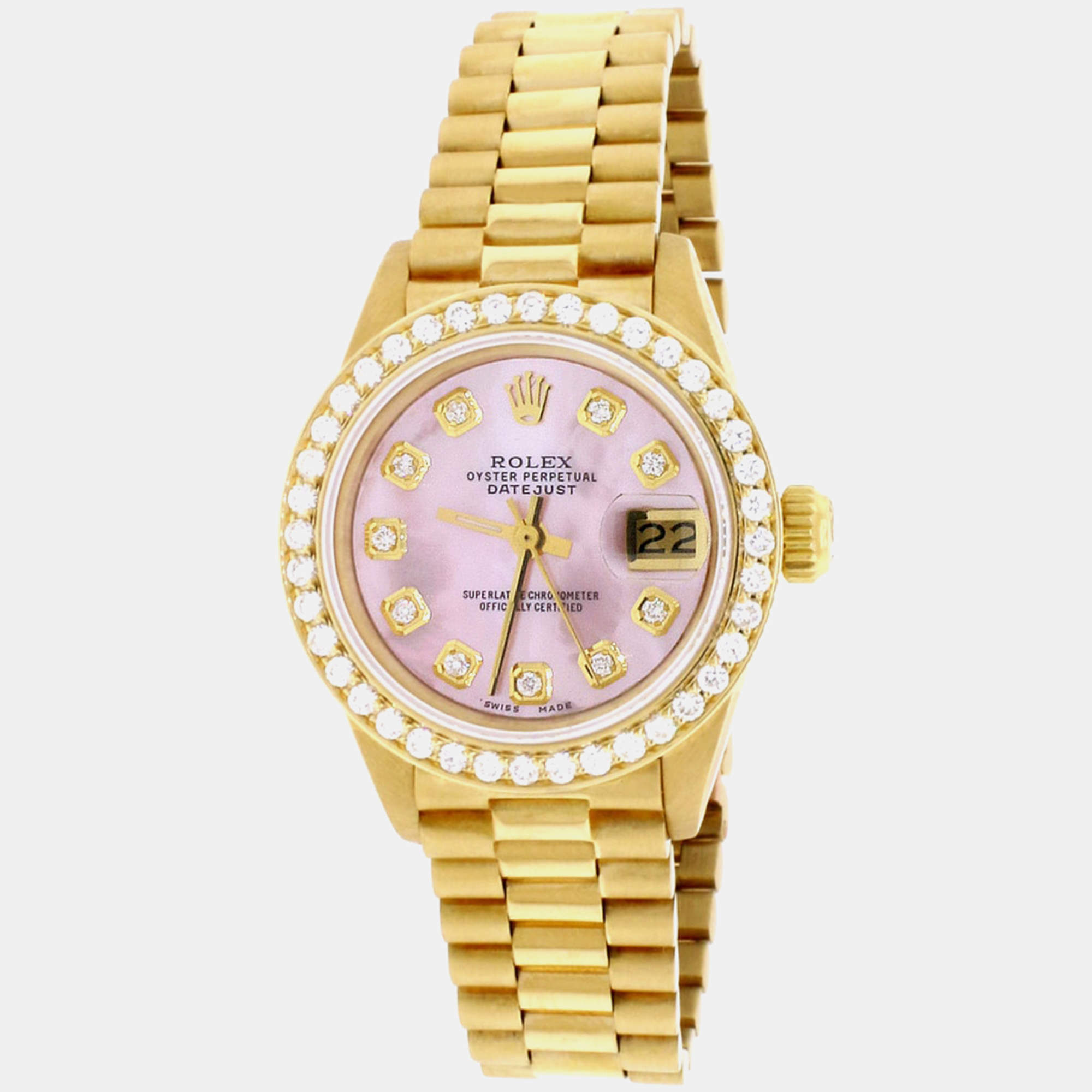 Rolex Customised Pink MOP Diamond 18K Yellow Gold President Datejust  Automatic Women's Wristwatch 26MM