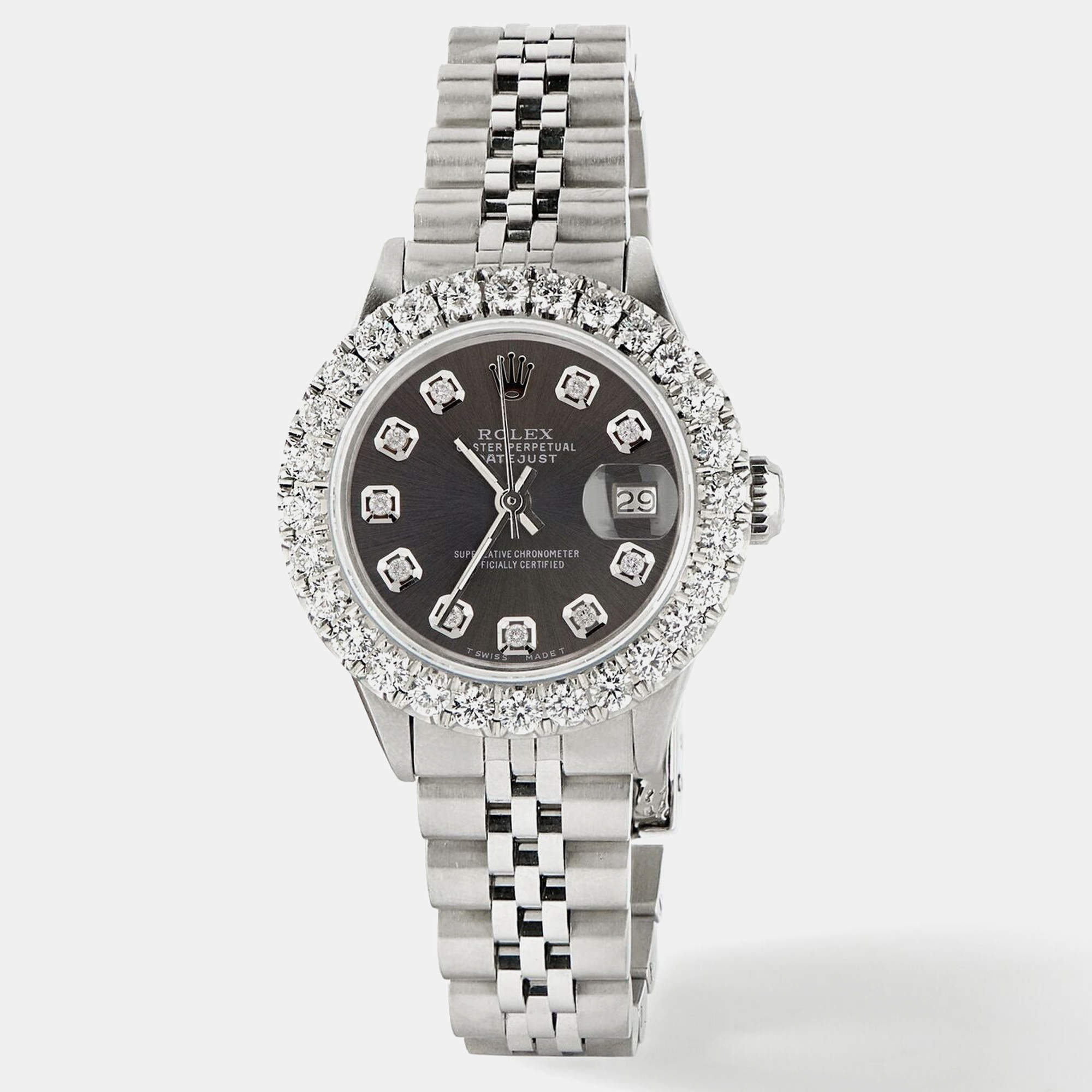 Rolex Customised Grey 2CT Diamond Stainless Steel Datejust  Automatic Women's Wristwatch 26mm