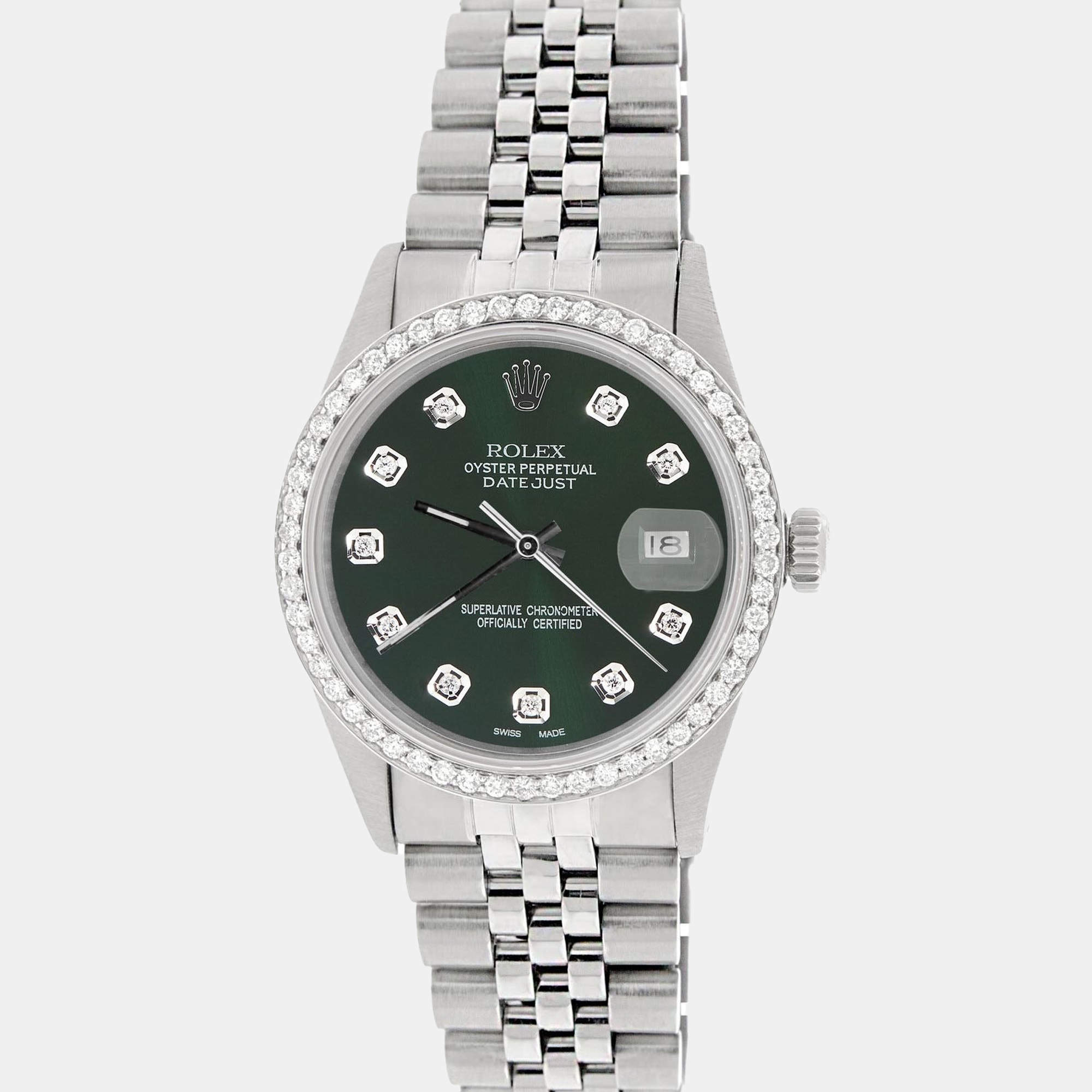 Rolex Customised Dark Green 1.1CT Diamond Stainless Steel Datejust  Automatic Men's Wristwatch 36mm