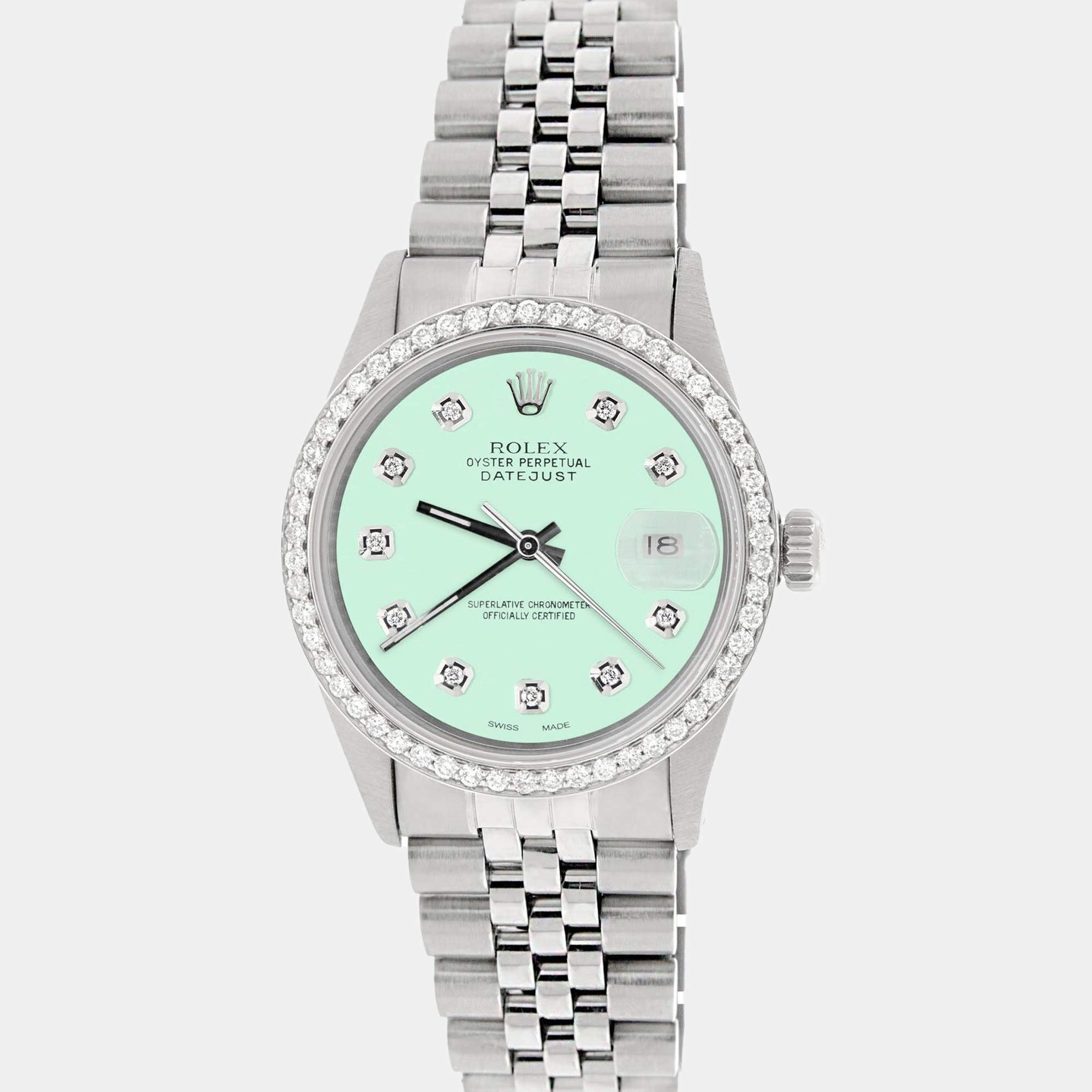 Rolex Customised Light Malachite 1.1CT Diamond Stainless Steel Datejust  Automatic Men's Wristwatch 36mm