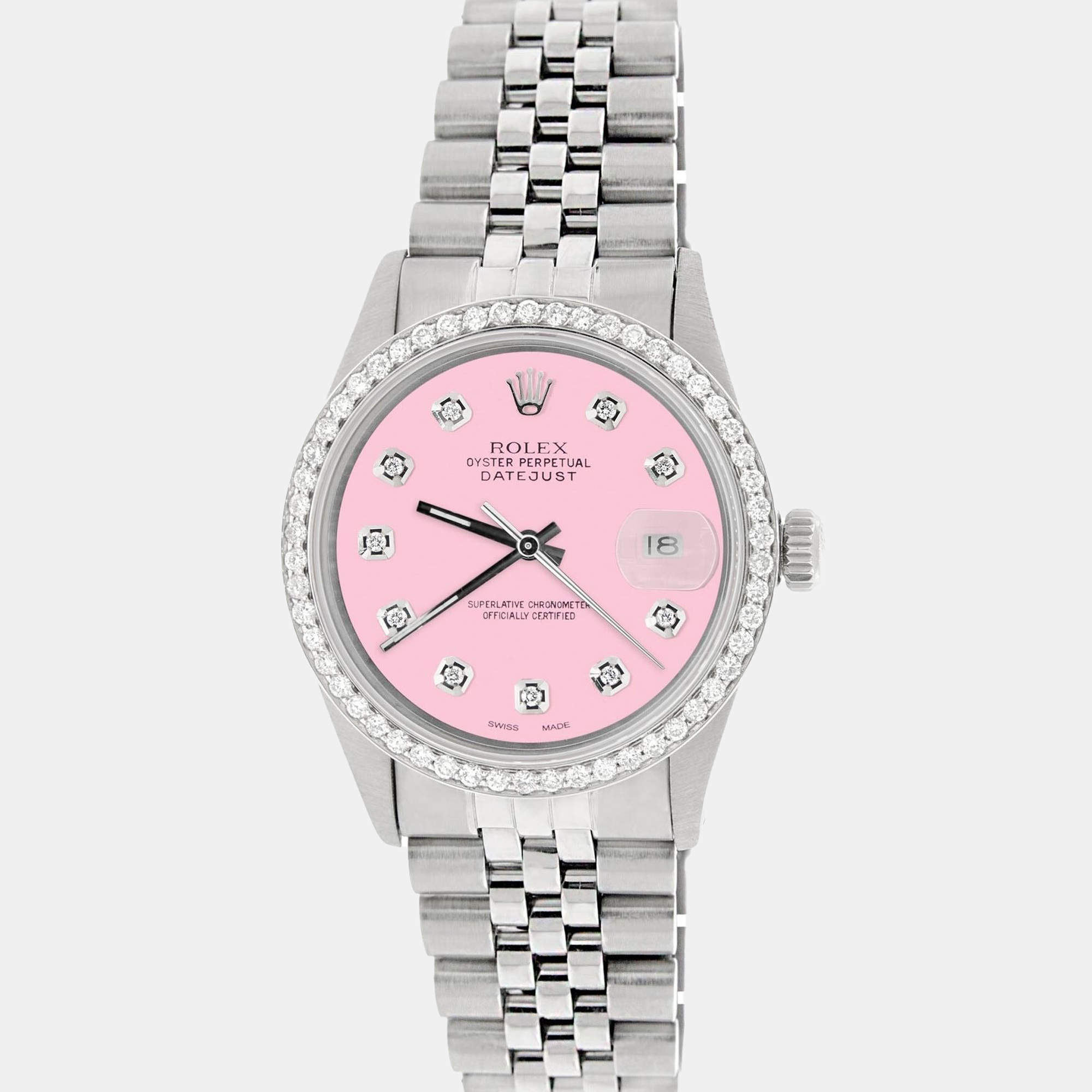 Rolex Customised Pink 1.1CT Diamond Stainless Steel Datejust  Automatic Men's Wristwatch 36mm