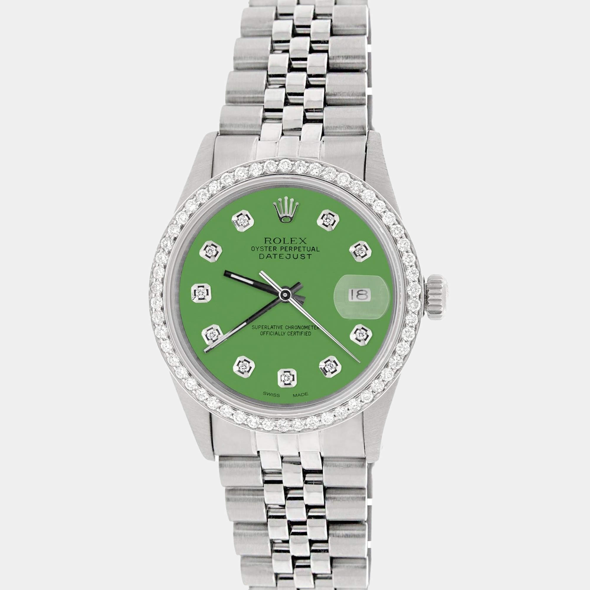 Rolex Customised Green 1.1CT Diamond Stainless Steel Datejust  Automatic Men's Wristwatch 36mm