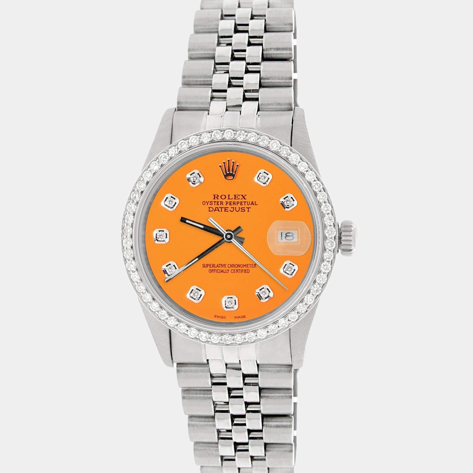 Rolex Customised Orange 1.1CT Diamond Stainless Steel Datejust  Automatic Men's Wristwatch 36mm
