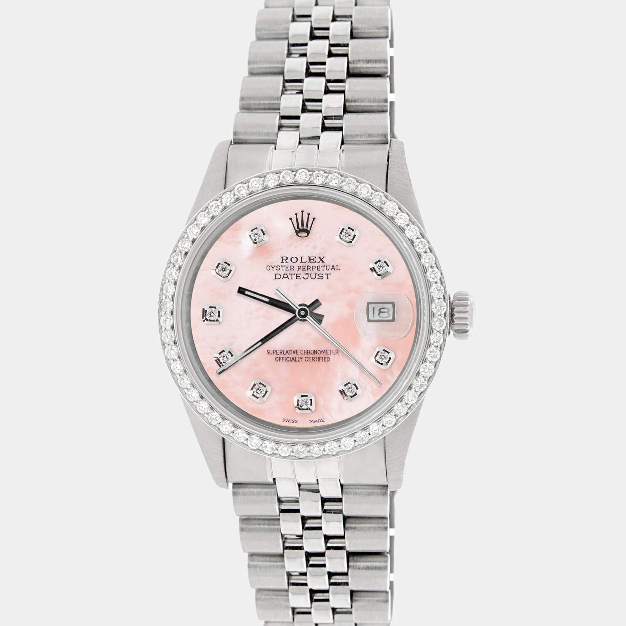 Rolex Customised Royal Pink MOP 1.1CT Diamond Stainless Steel Datejust  Automatic Men's Wristwatch 36mm