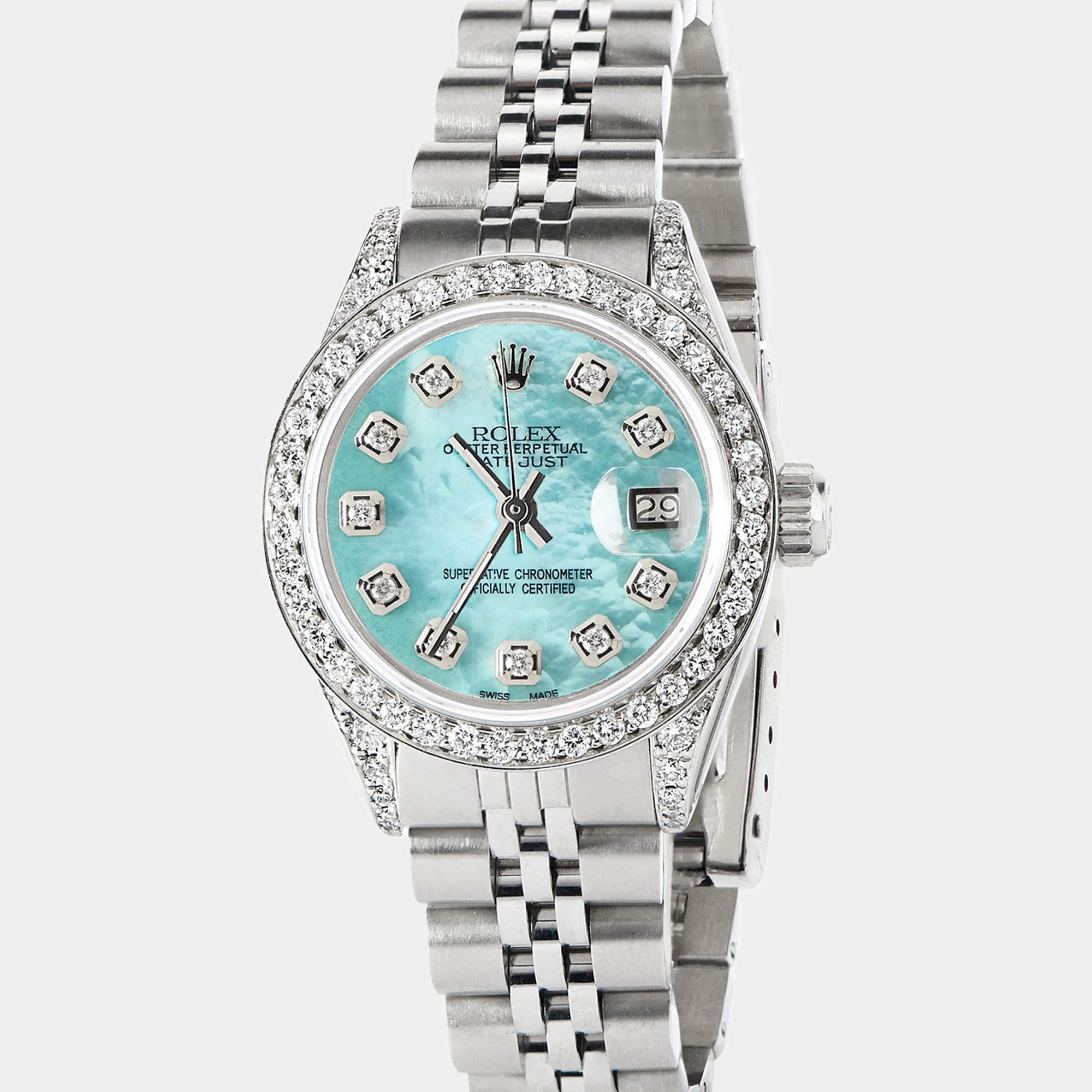 Rolex Customised Aquamarine Blue MOP Diamond Stainless Steel Datejust  Automatic Women's Wristwatch 26mm