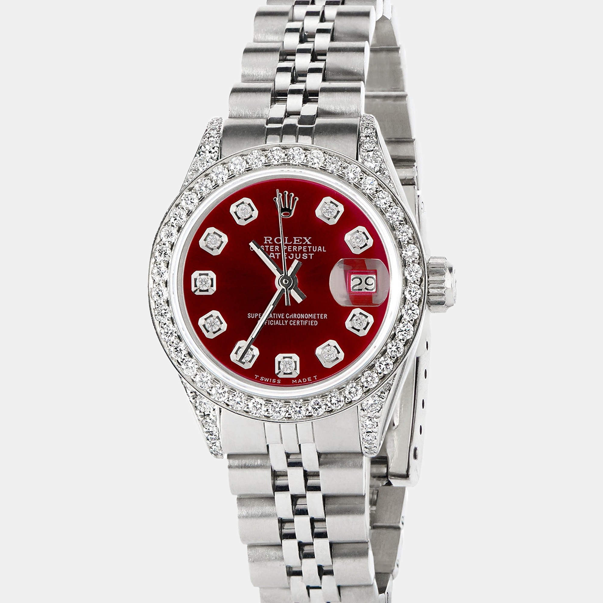 Rolex Customised Red Diamond Stainless Steel Datejust  Automatic Women's Wristwatch 26mm