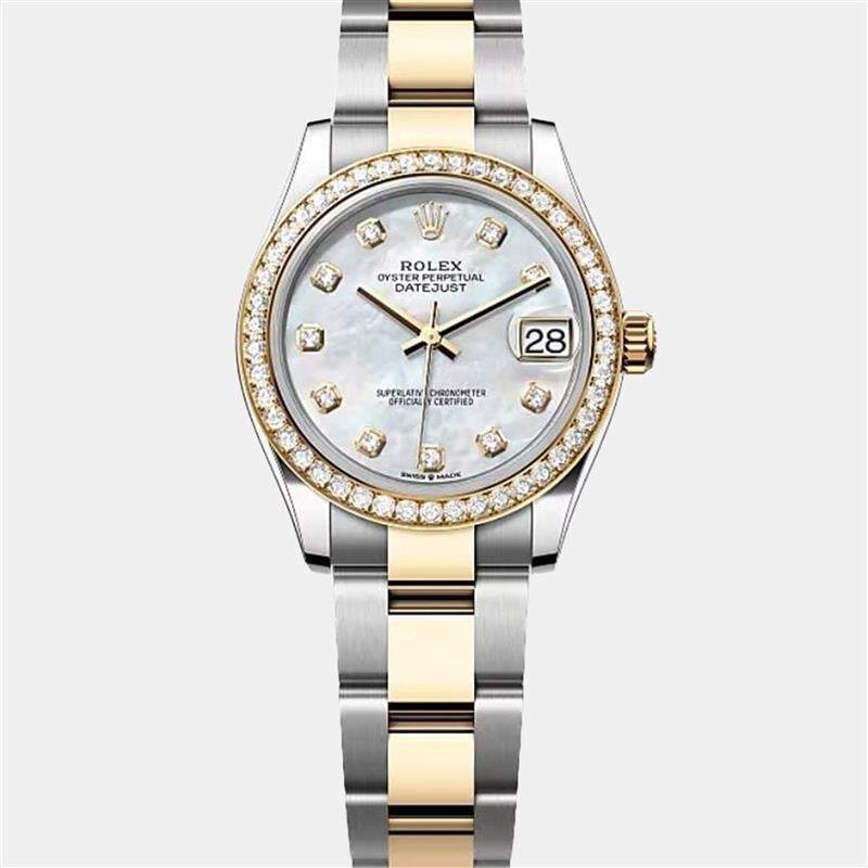 Pre Owned Rolex Mother Of Pearl Diamond 18K Yellow Gold Oystersteel M278383RBR-0027 Datejust Women's Wristwatch 31 mm