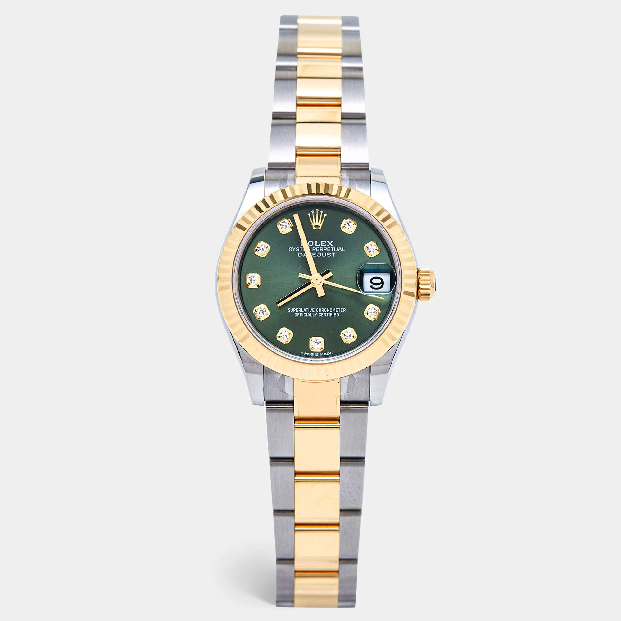 Rolex Olive Green Diamond 18k Yellow Gold Oystersteel Datejust 278273 Women's Wristwatch 31 mm